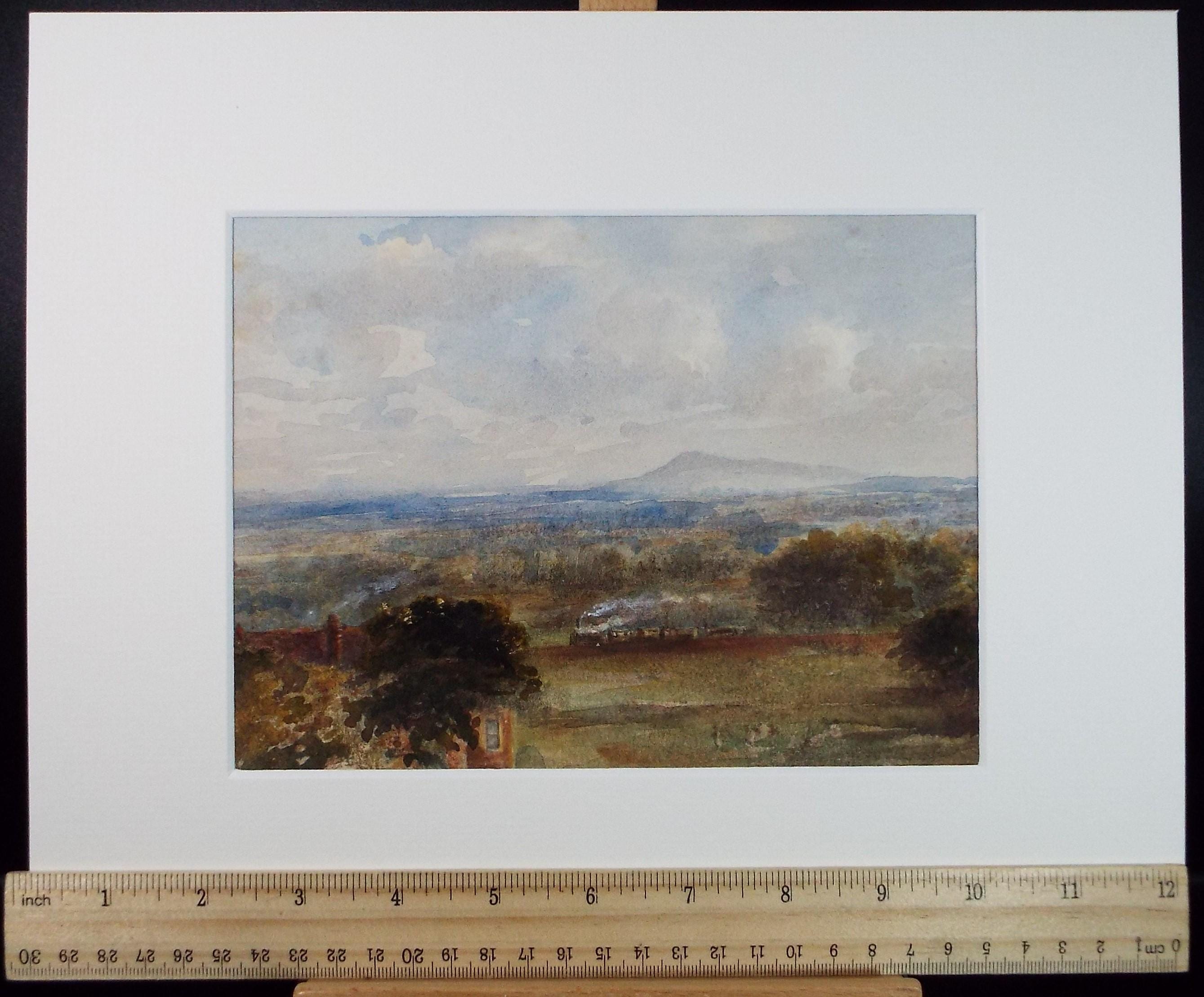 Original Watercolour, 'Landscape with Steam Train' , Artist Unknown, Circa 1860's