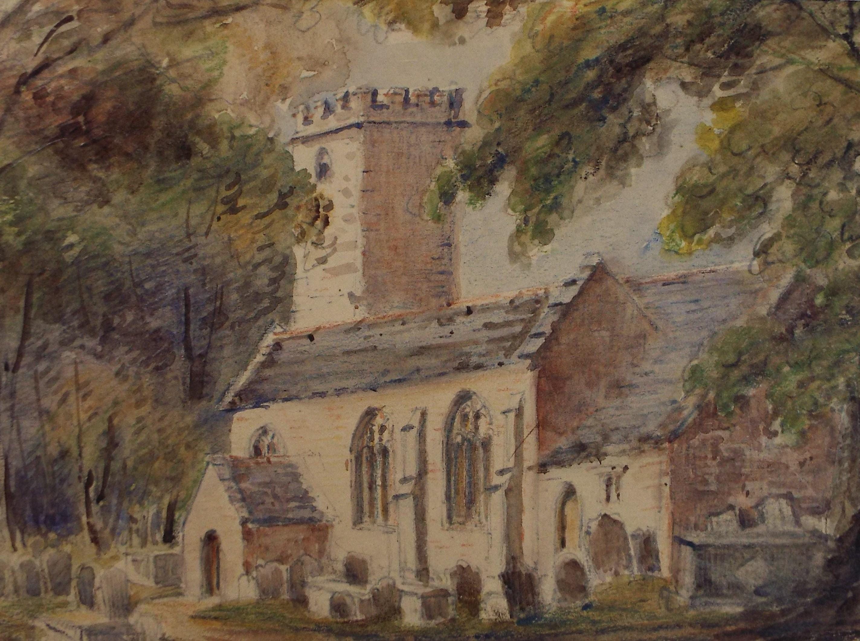 Original Watercolour, 'Church Study', Mid 19th Century, Artist Unknown