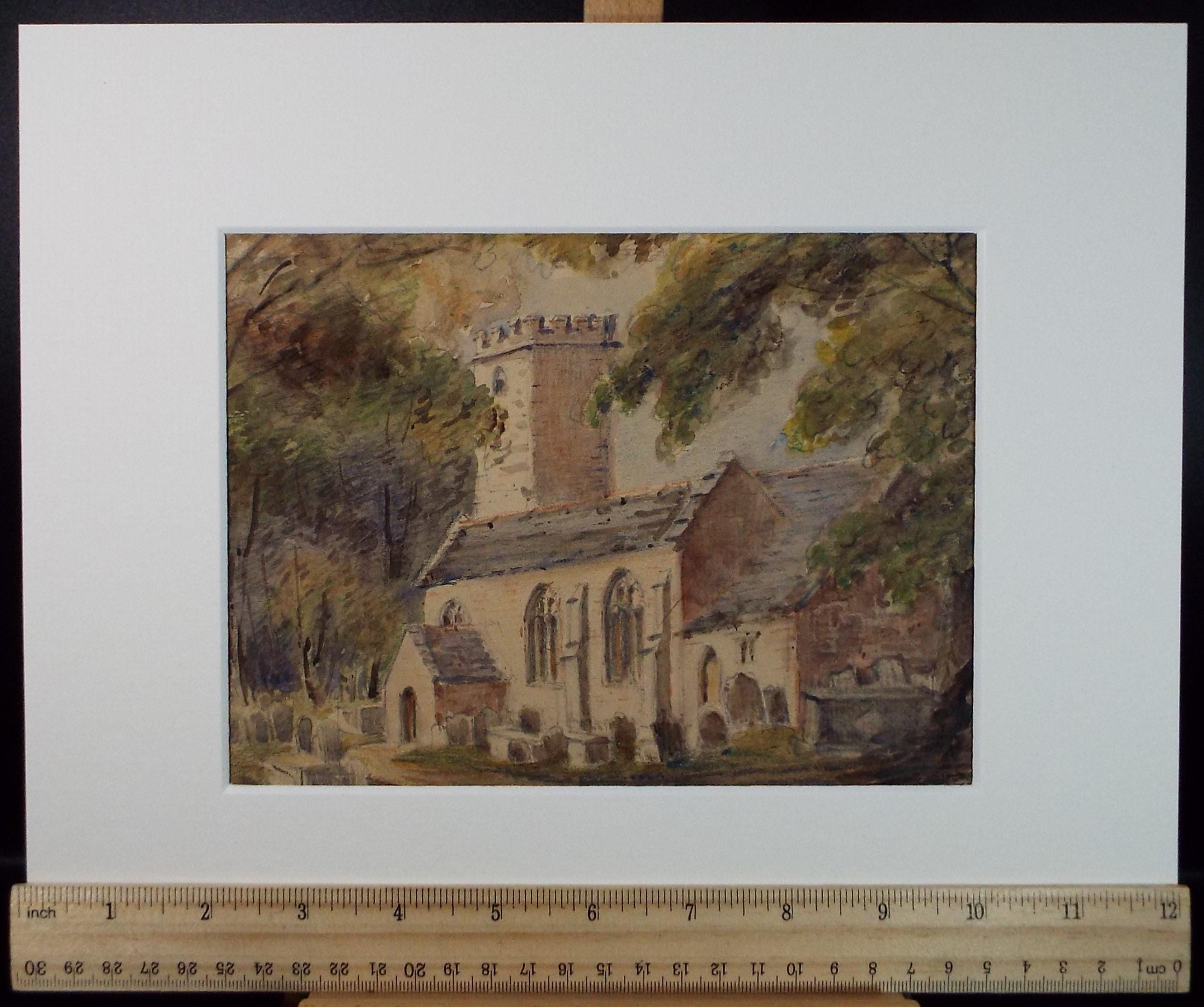 Original Watercolour, 'Church Study', Mid 19th Century, Artist Unknown