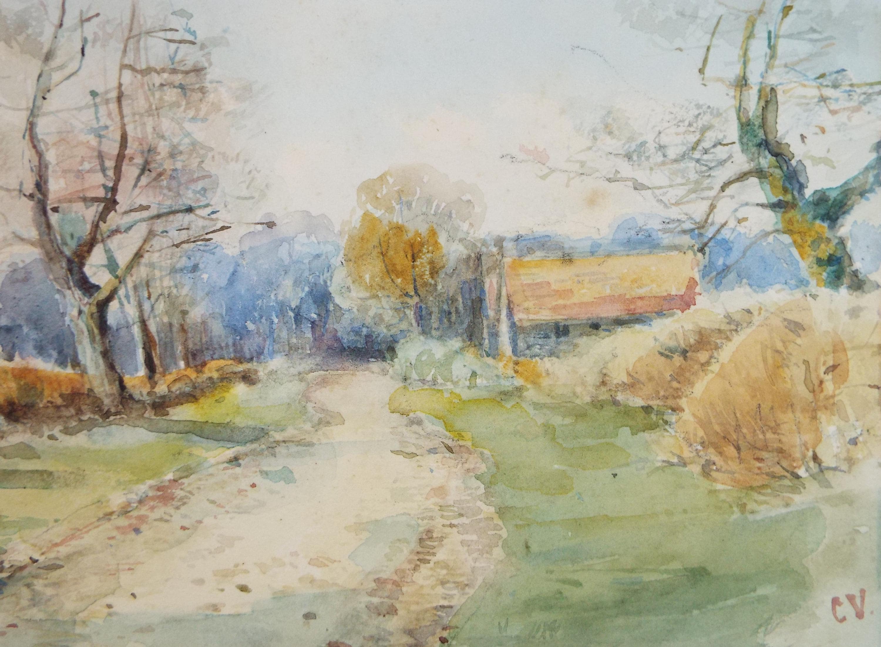 Original Watercolour, 'A Country Track', Circa 1880's, Initialled C.V.