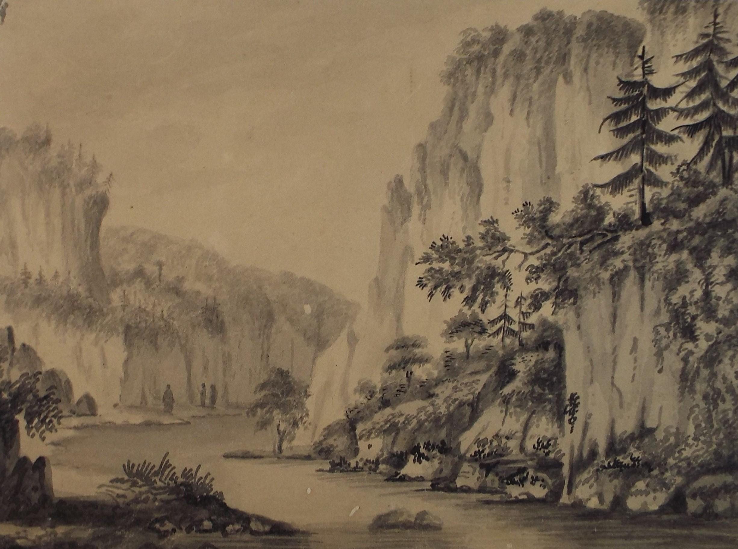 Original Watercolour, 'Valley Gorge with Figures', Dated 1810, Unknown artist