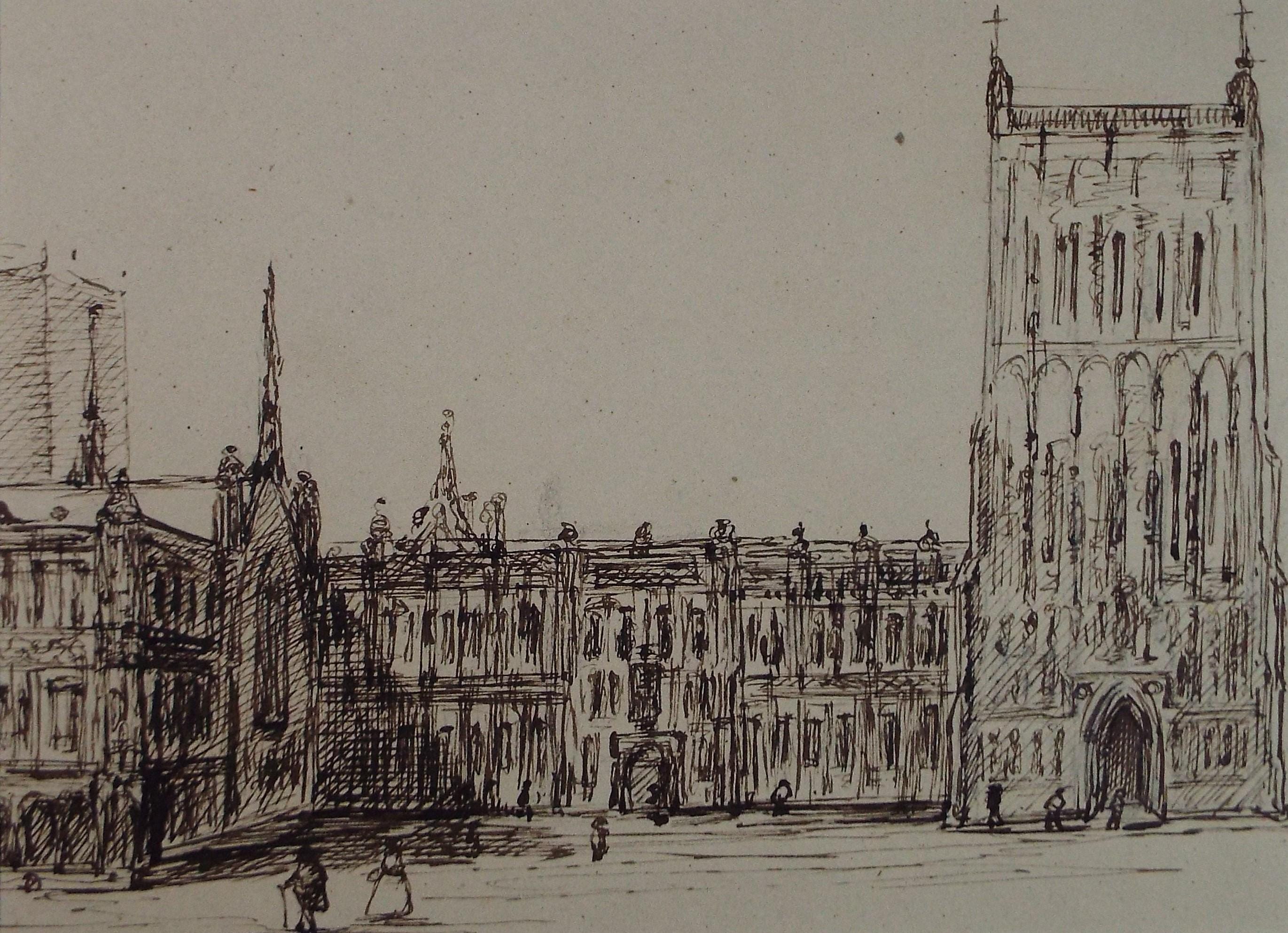 Original Pen & Ink , 'Cathedral with Figures', artist unknown, Early 20th Century