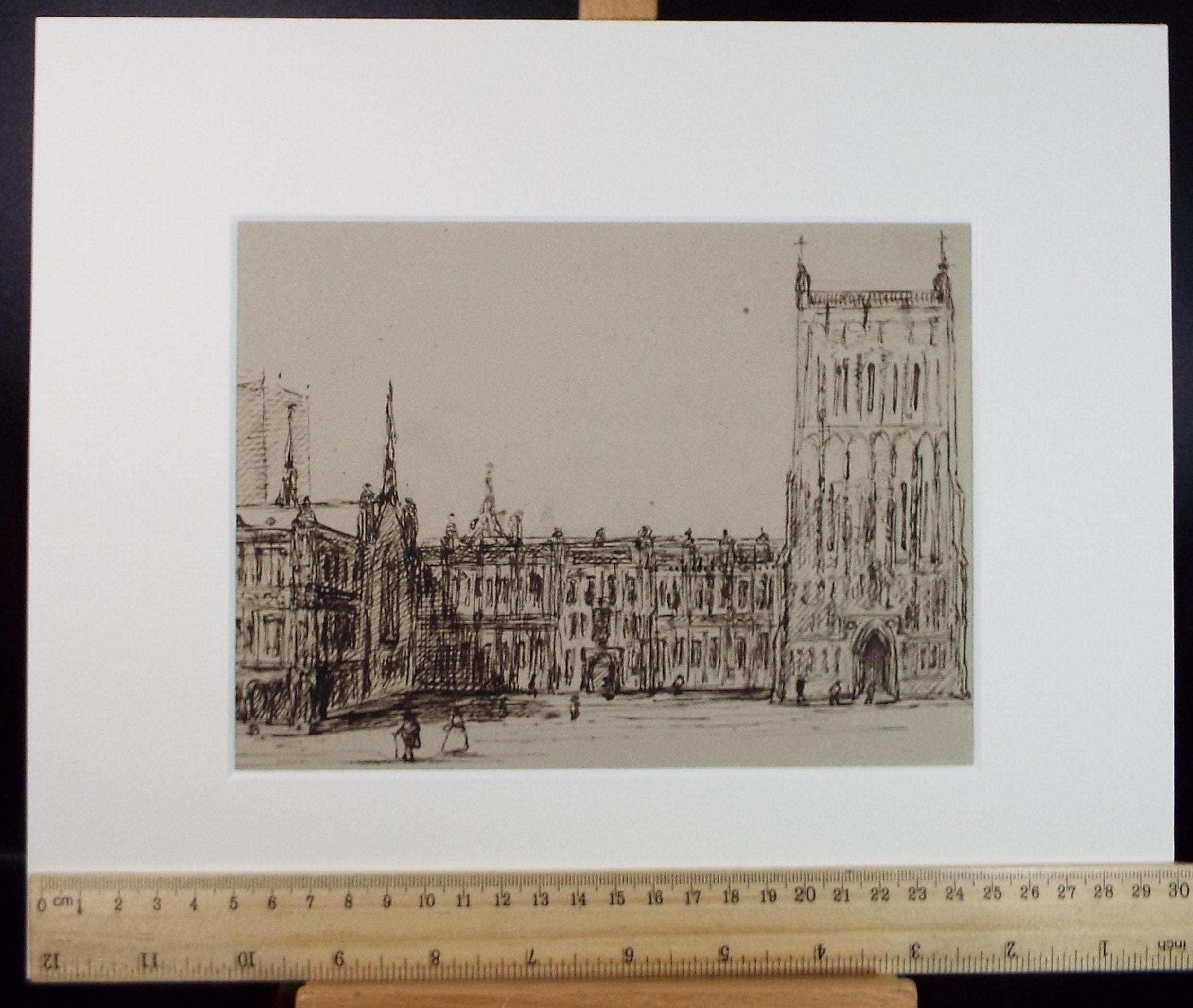 Original Pen & Ink , 'Cathedral with Figures', artist unknown, Early 20th Century