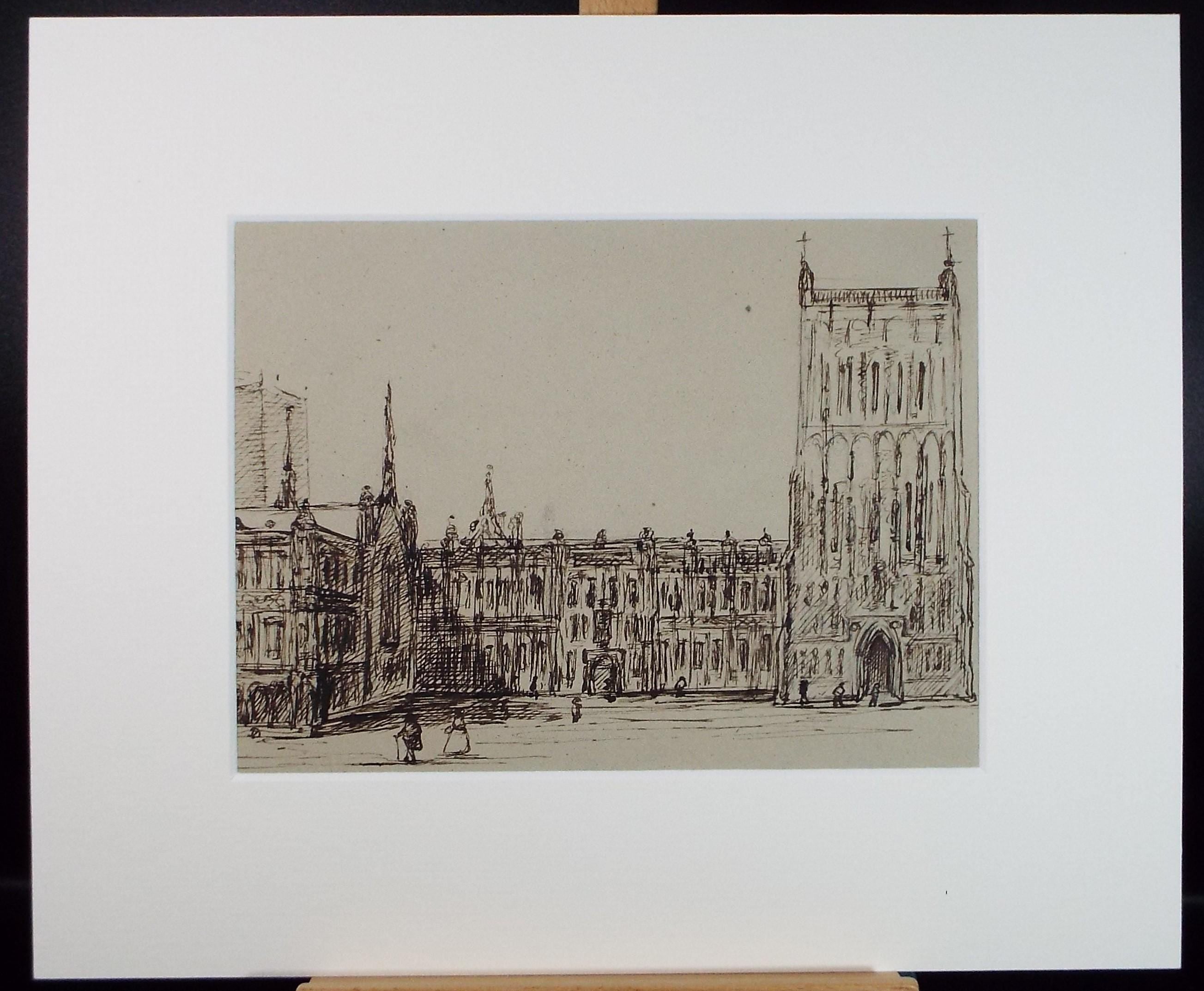 Original Pen & Ink , 'Cathedral with Figures', artist unknown, Early 20th Century