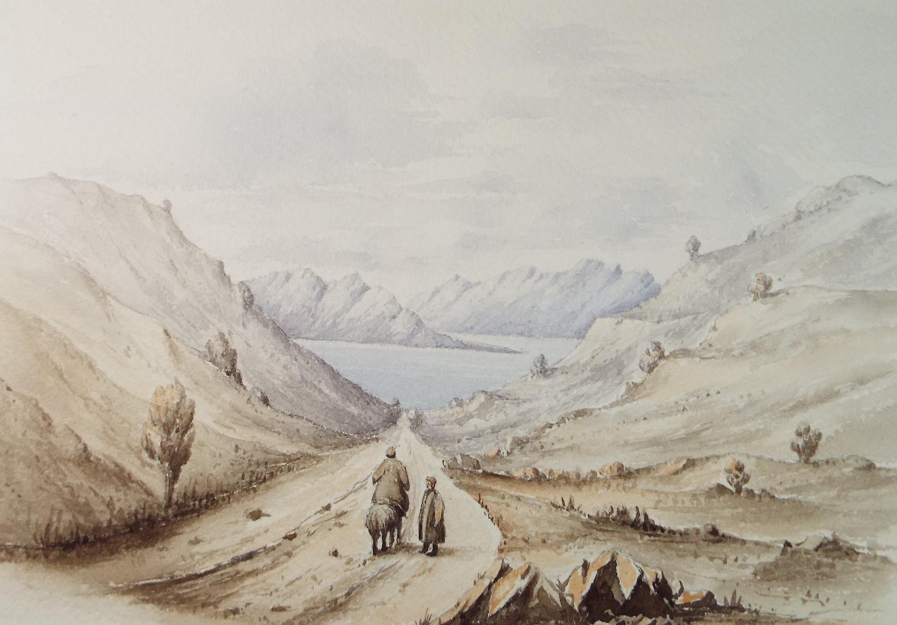 Original Watercolour, 'Figures on a Mountain Pass', Dated 1844, Artist Unknown