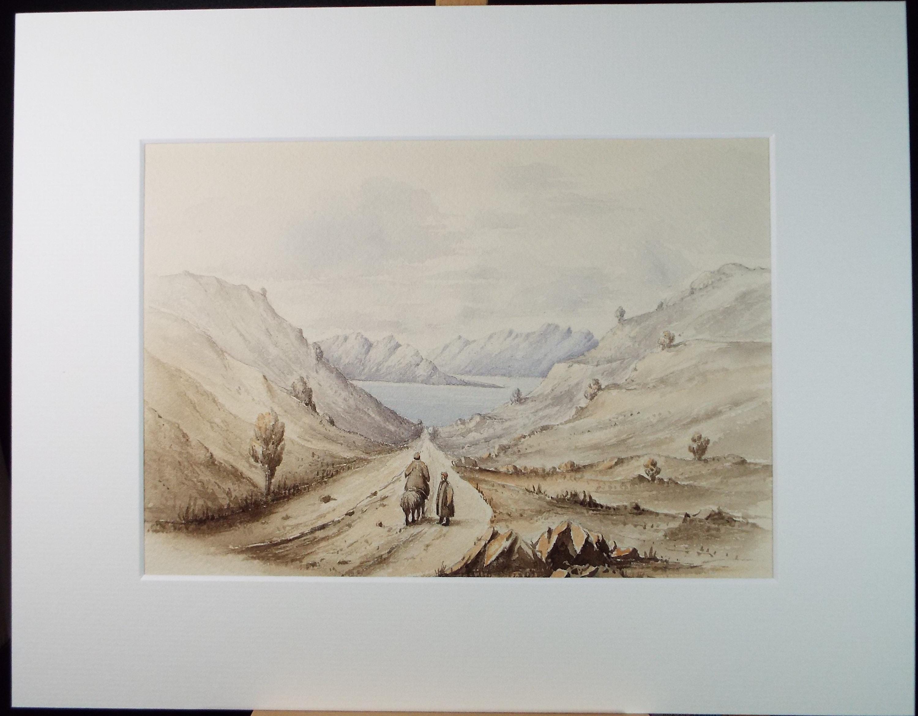 Original Watercolour, 'Figures on a Mountain Pass', Dated 1844, Artist Unknown