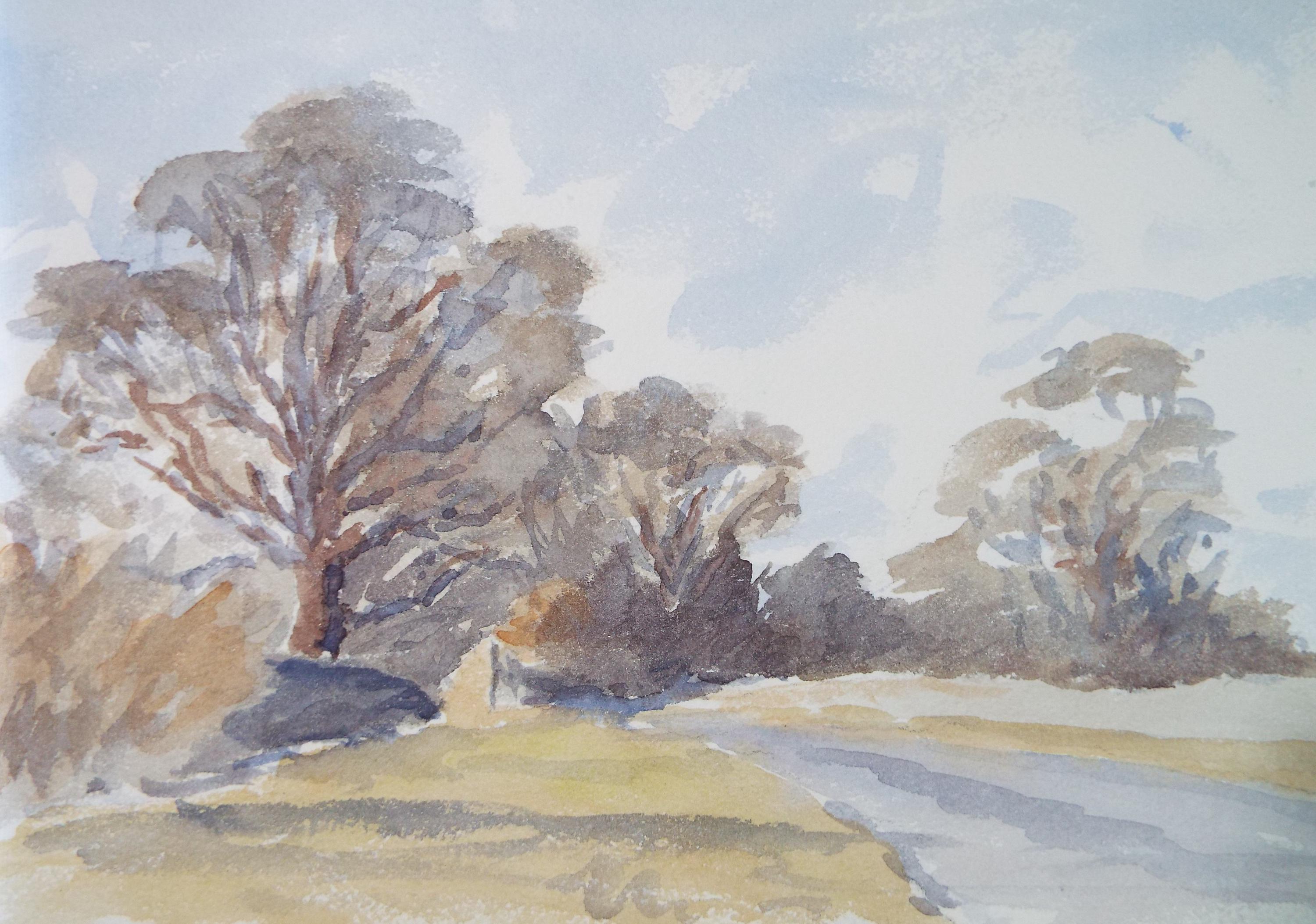 Original Watercolour, 'Autumn Landscape - Cotswold Lane', Circa 1960's, Artist Unknown