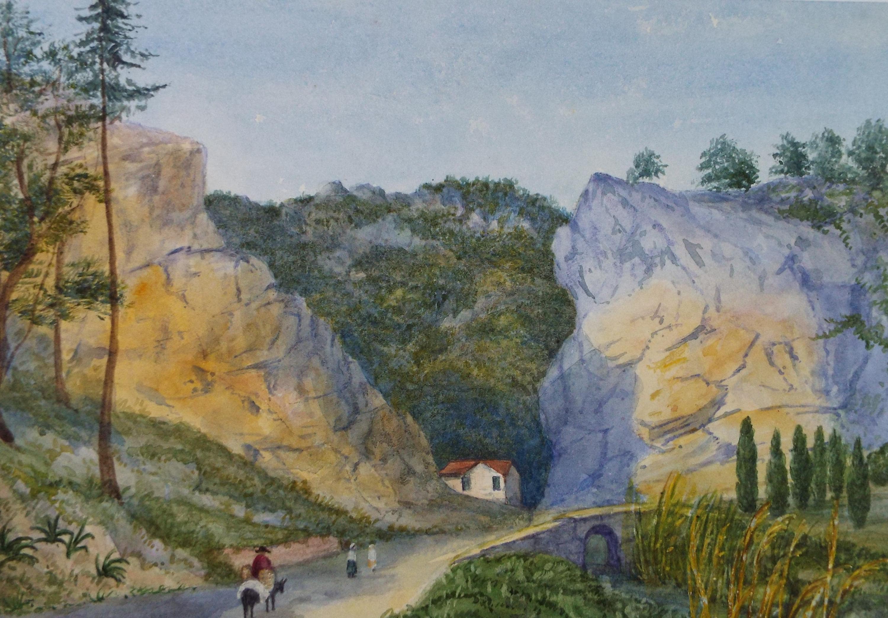 Original Watercolour, 'Figures in a French Landscape', circa 1860's, Artist Unknown