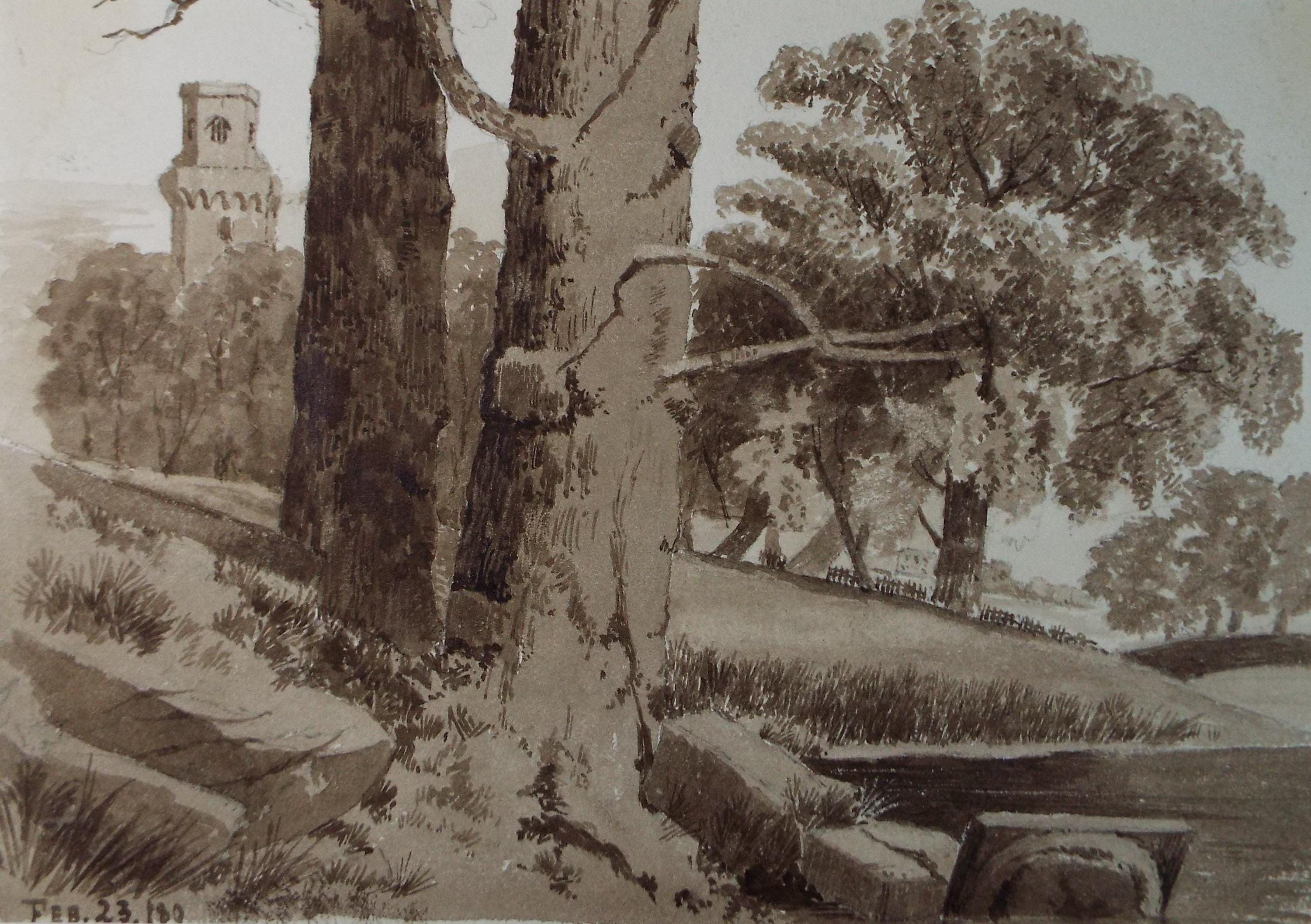 Original Watercolour, 'Landscape with Tower', Circa 1880's, Artist Unknown