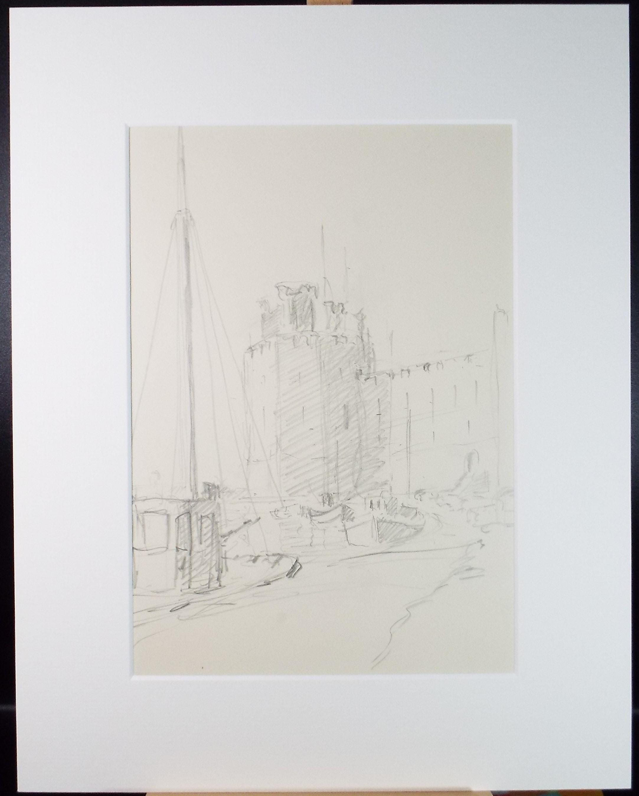 Original Pencil Drawing, 'Castle Tower with moored boats', Artist Unknown, Circa 1950's