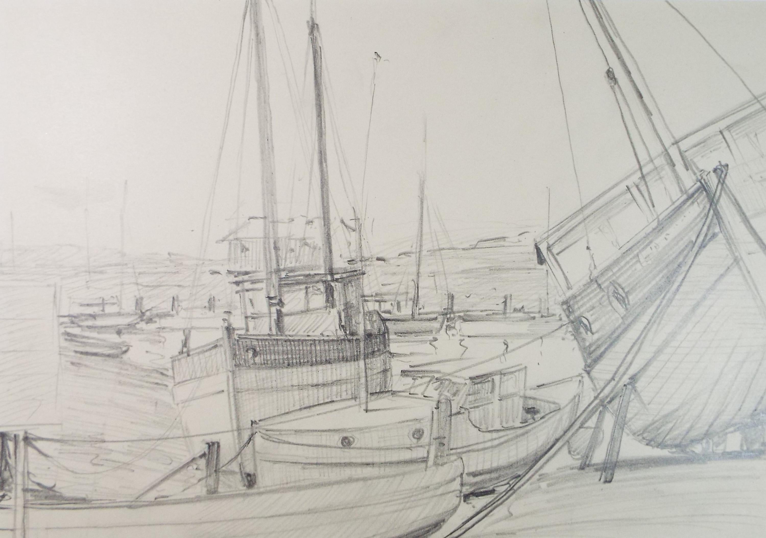 Original Pencil Drawing, 'Moored Boats', Artist Unknown, Circa 1950's