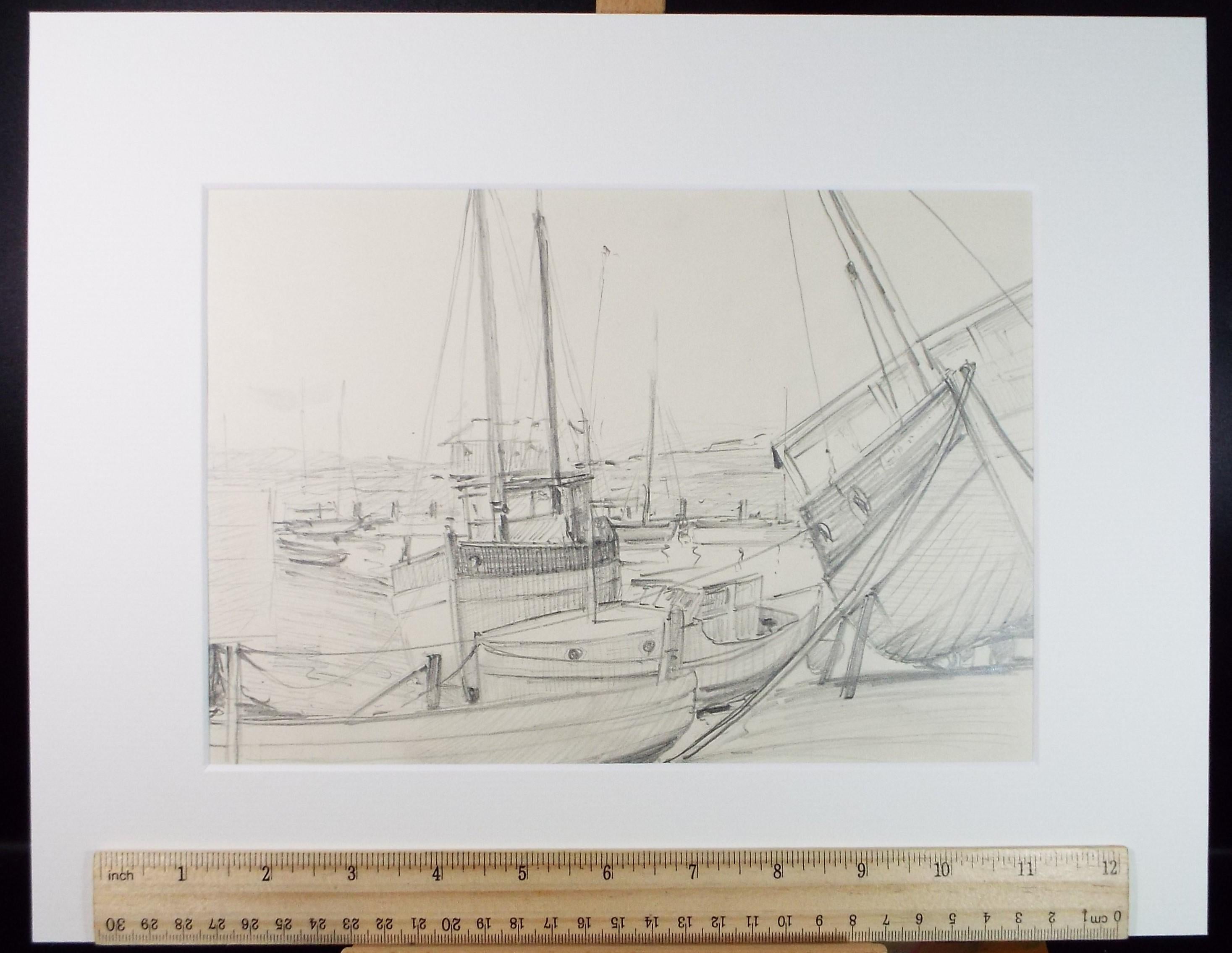 Original Pencil Drawing, 'Moored Boats', Artist Unknown, Circa 1950's