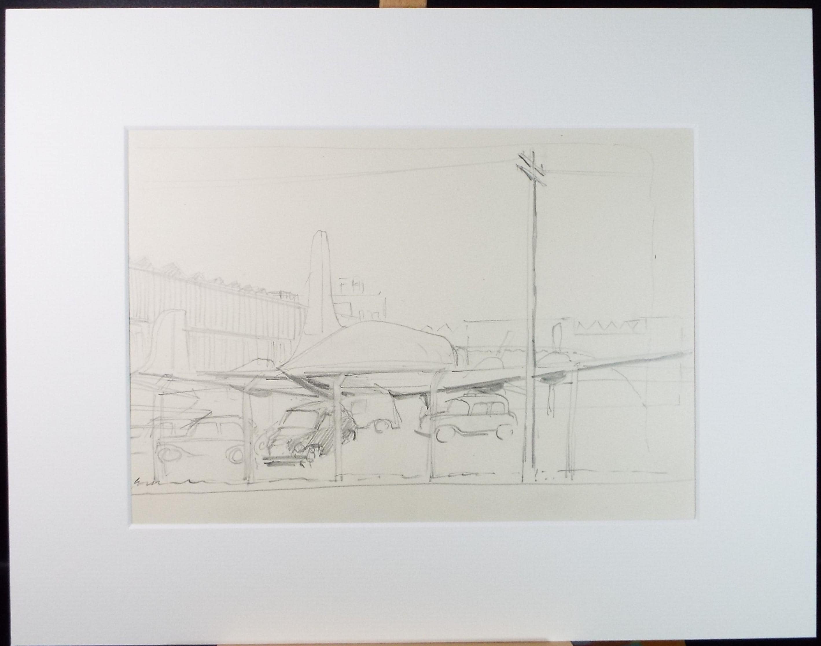 Original Pencil Drawing, 'Parked aircraft', Artist Unknown, Circa 1950's