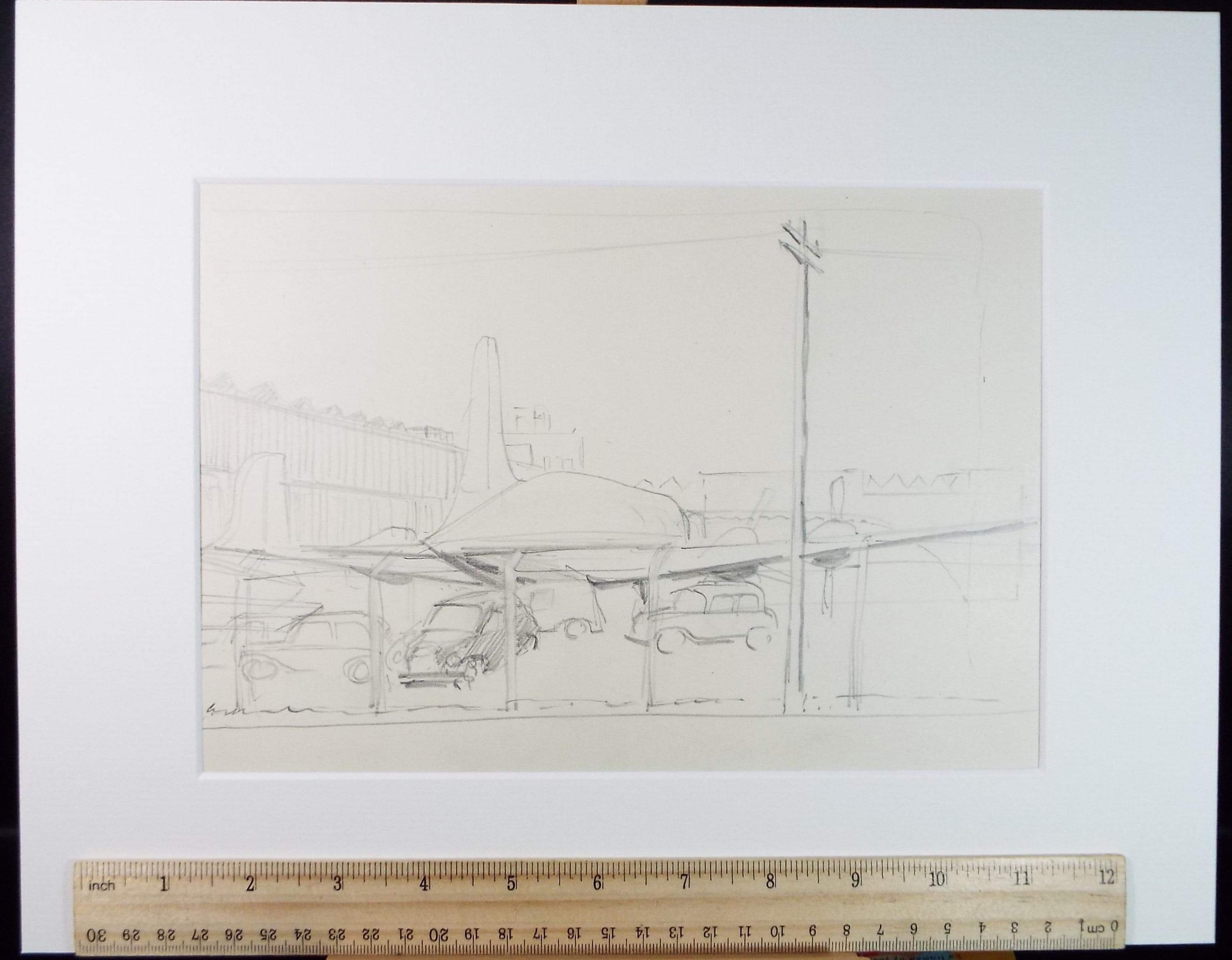 Original Pencil Drawing, 'Parked aircraft', Artist Unknown, Circa 1950's