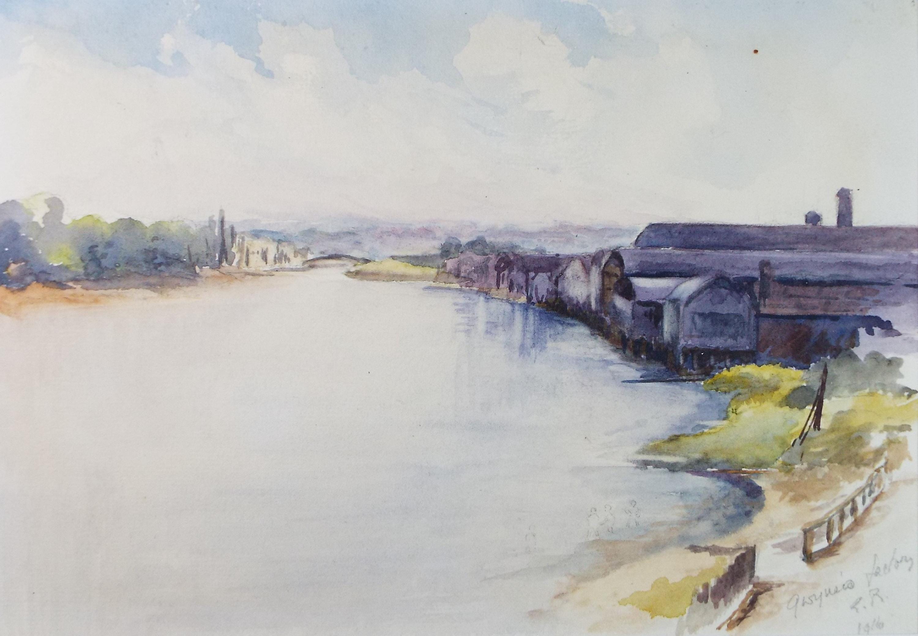 Original Watercolour on Paper, 'Riverside Factory', Dated 1916 , Artist Unknown