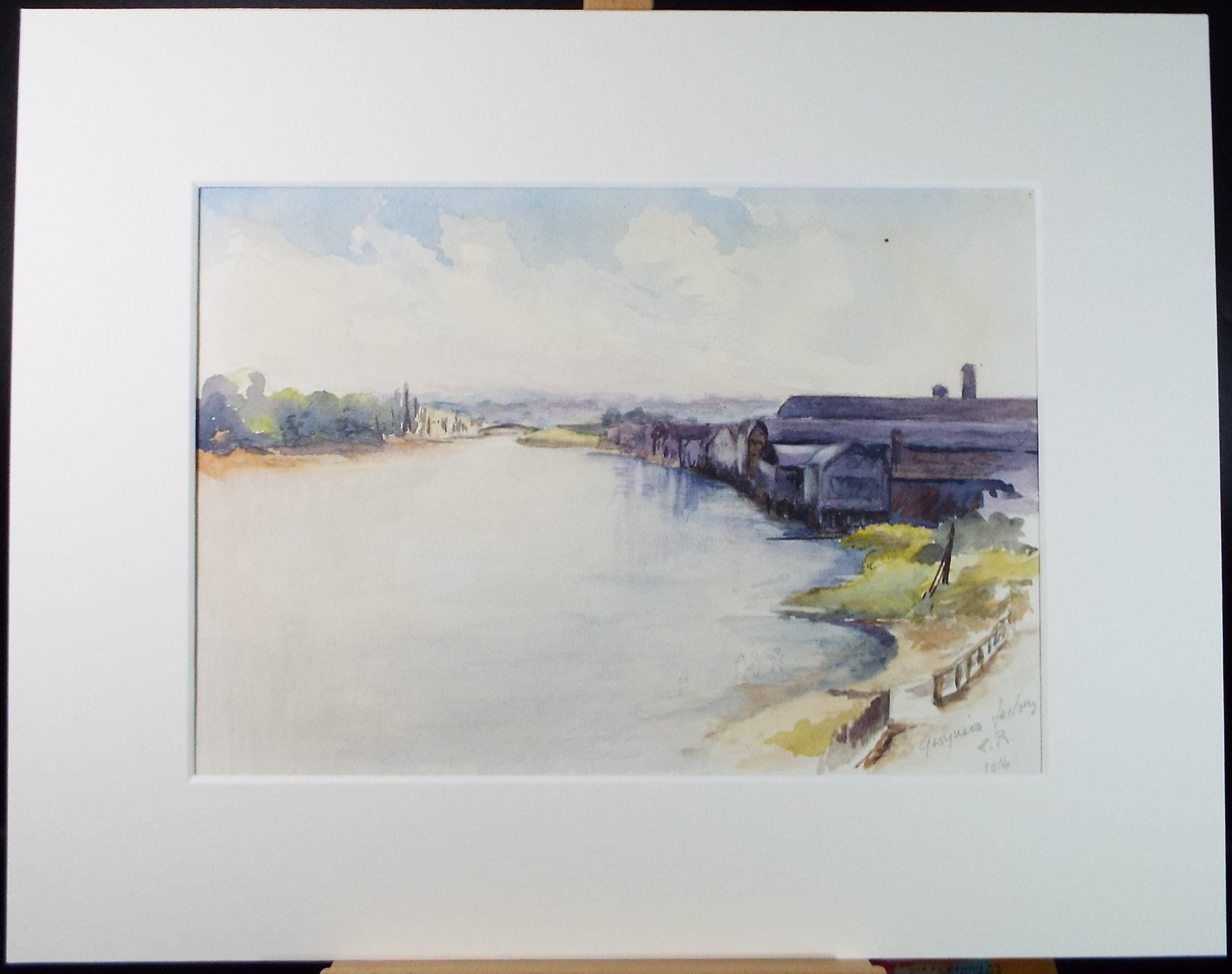 Original Watercolour on Paper, 'Riverside Factory', Dated 1916 , Artist Unknown