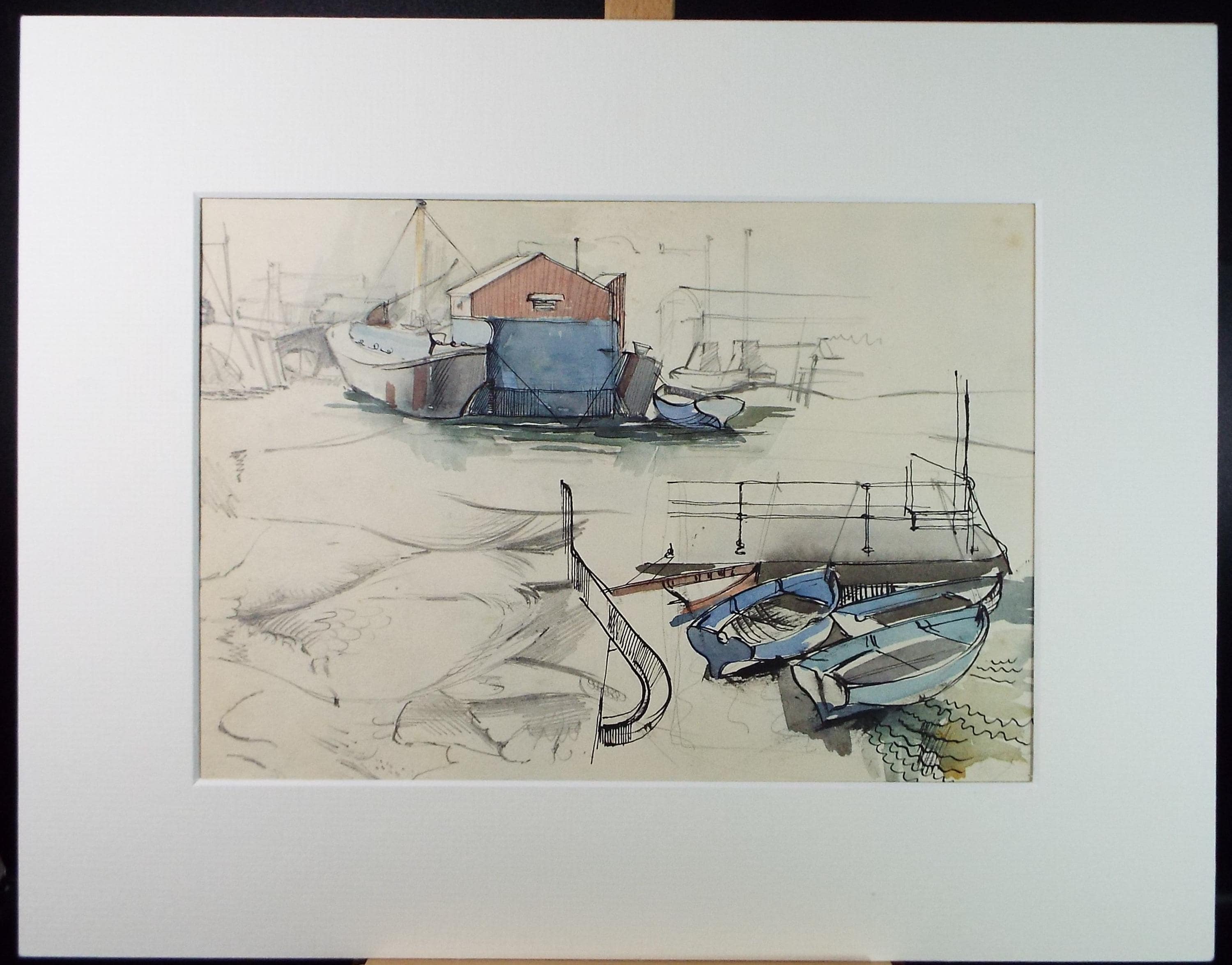 Original Watercolour 'The Boatyard', Artist Unknown, Circa 1950's