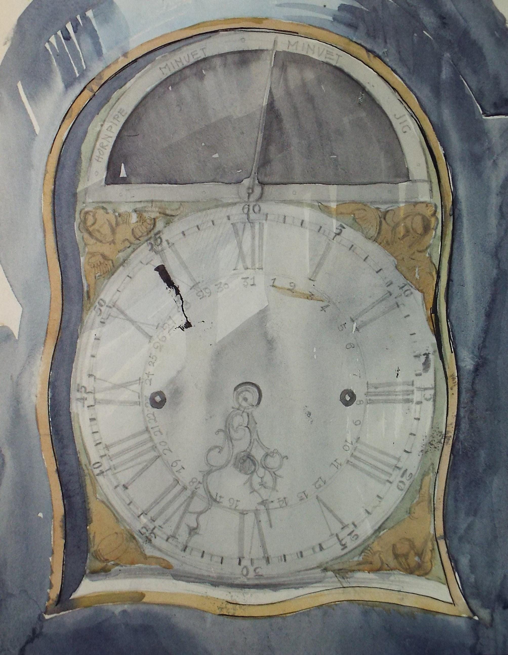 Original Watercolour & ink 'Dial of a Musical Longcase Clock', circa 1950's, artist Unknown