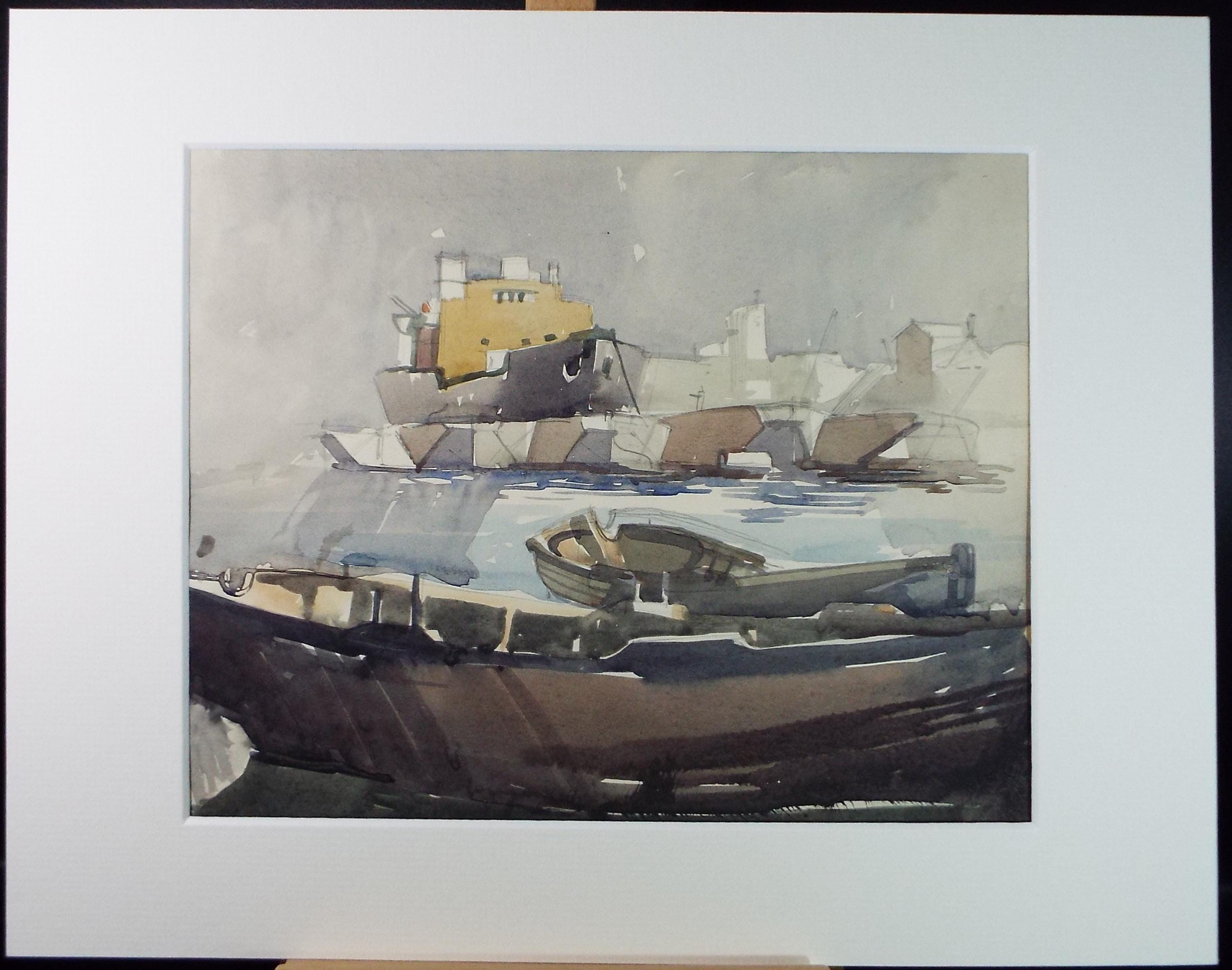 Original Watercolour, 'Freighter on the River', c1950's, Unknown Artist