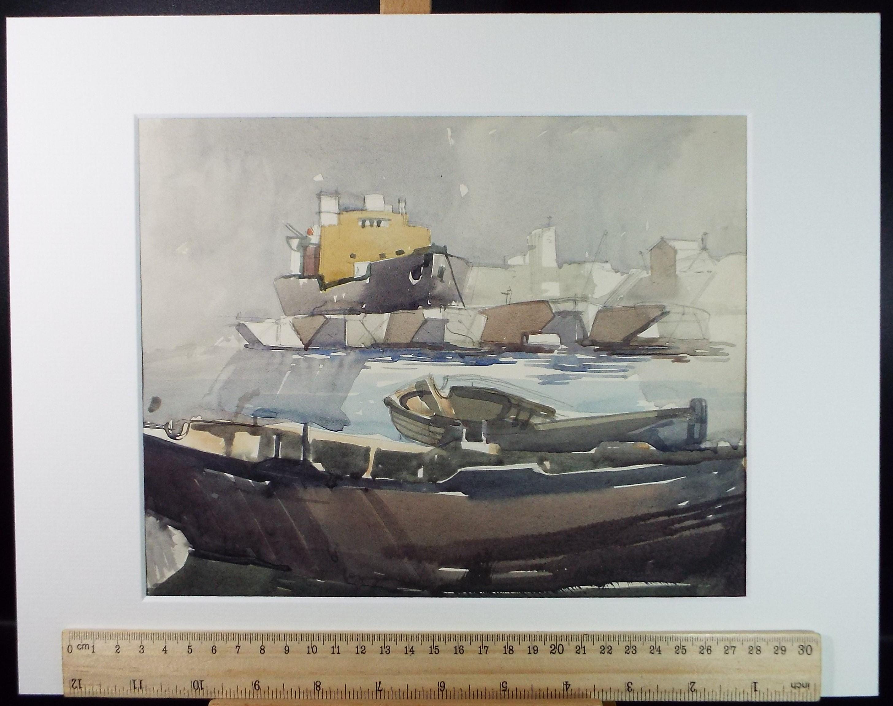 Original Watercolour, 'Freighter on the River', c1950's, Unknown Artist