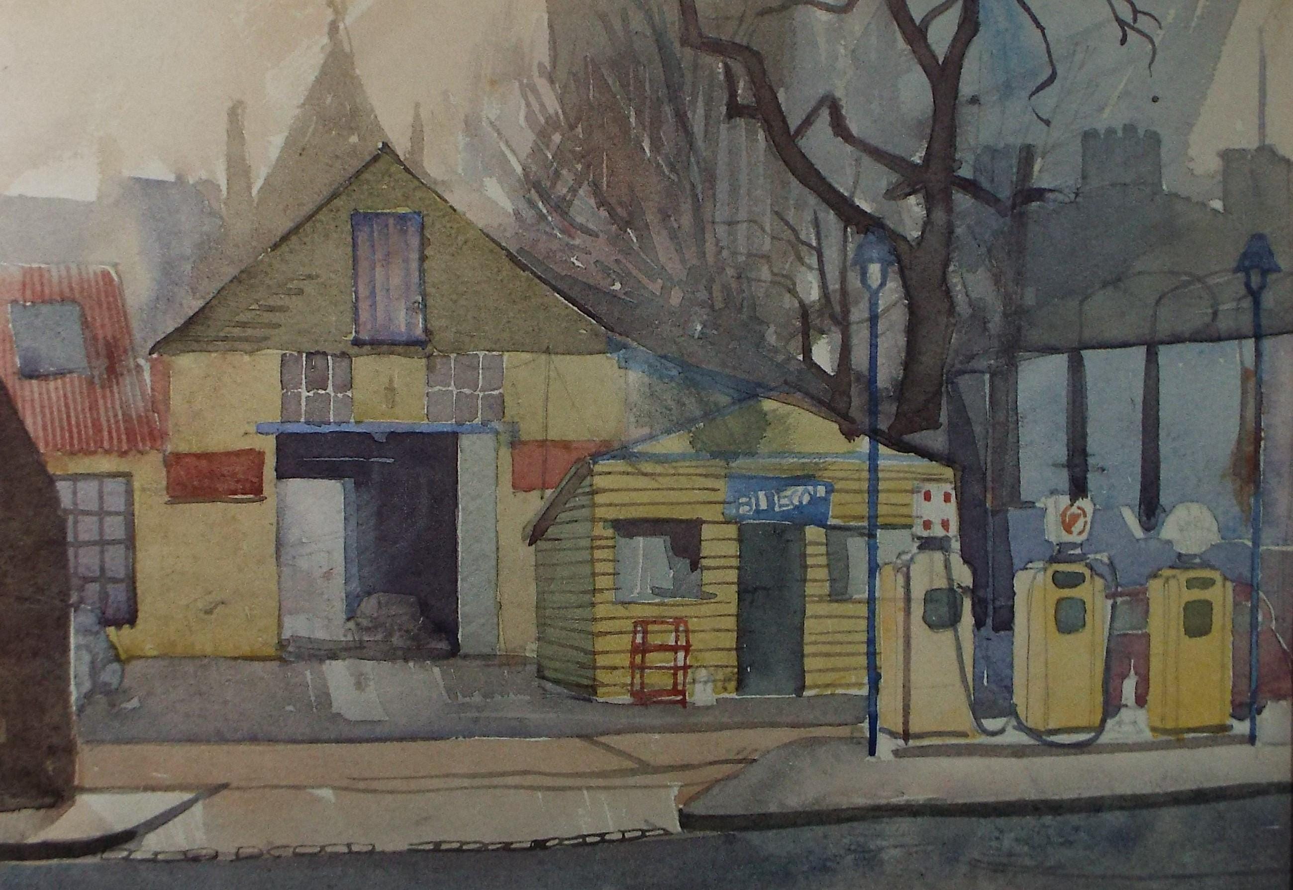 Original Watercolour 'The Filling Station', Artist Unknown, Circa 1950's