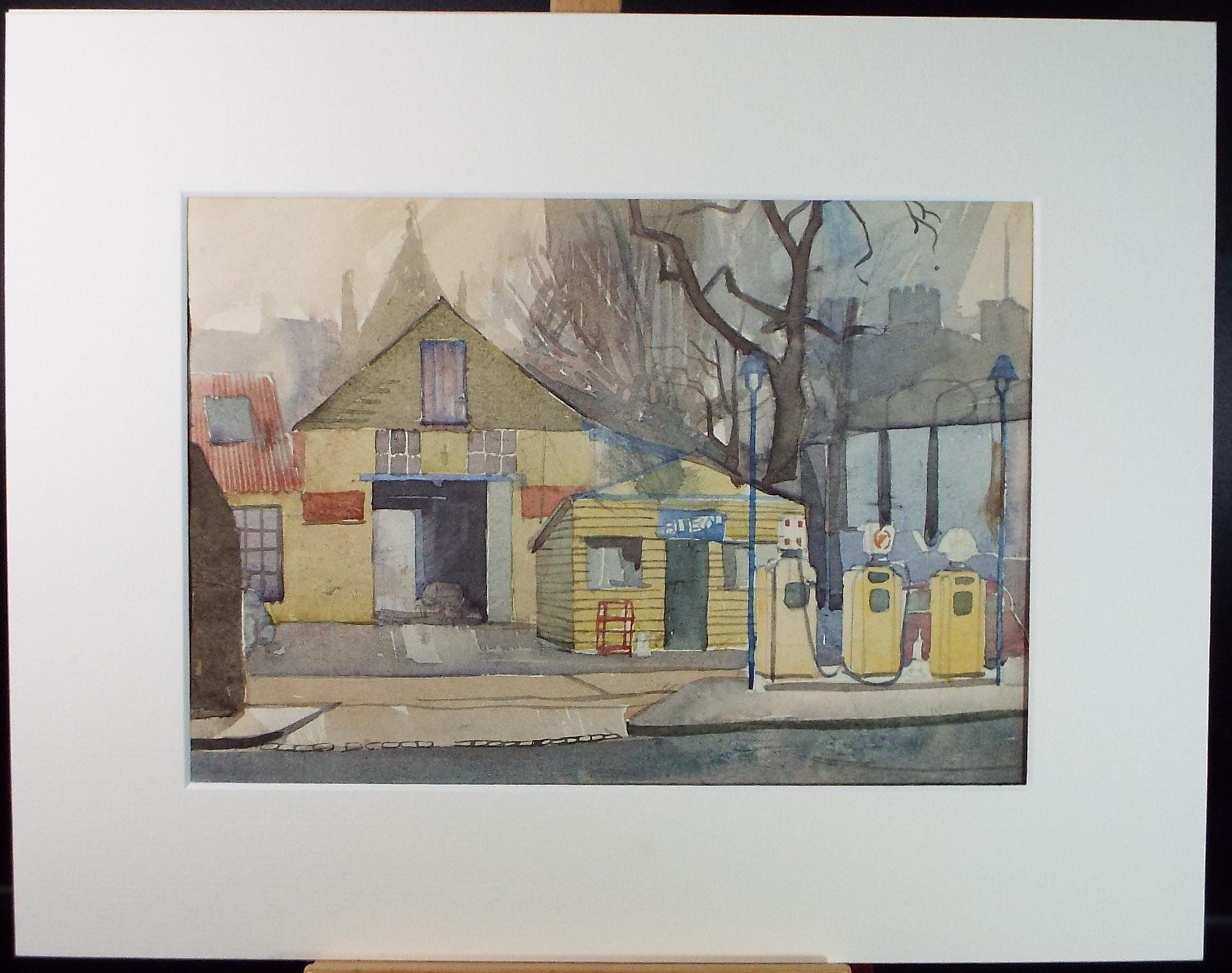 Original Watercolour 'The Filling Station', Artist Unknown, Circa 1950's