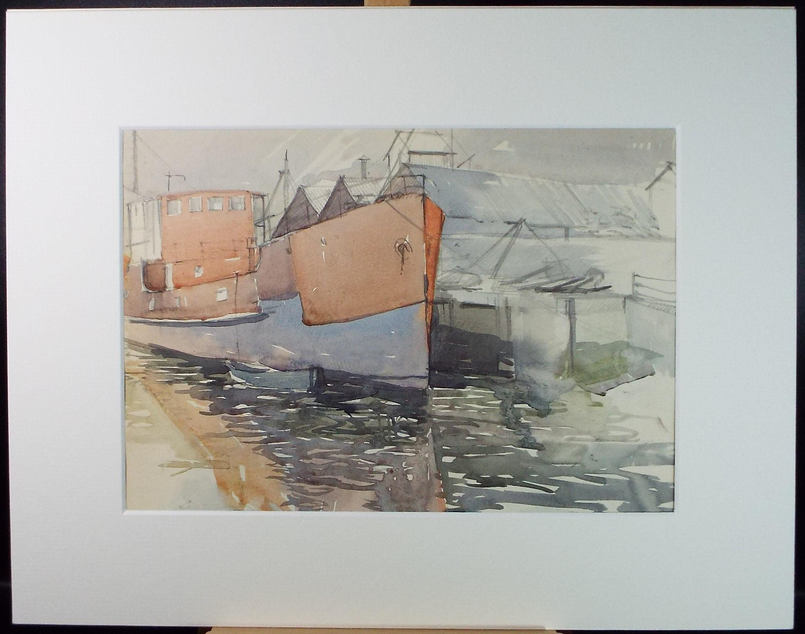 Original Watercolour, 'Moored Freighter', c1950's, Unknown Artist