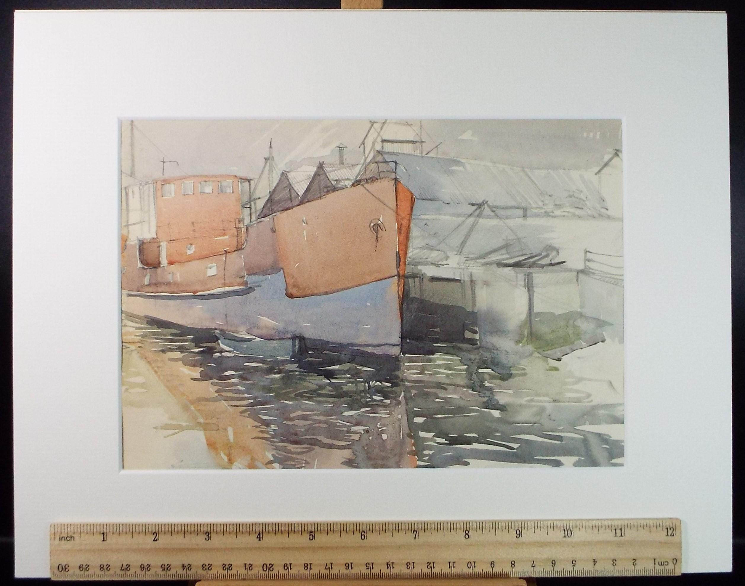 Original Watercolour, 'Moored Freighter', c1950's, Unknown Artist