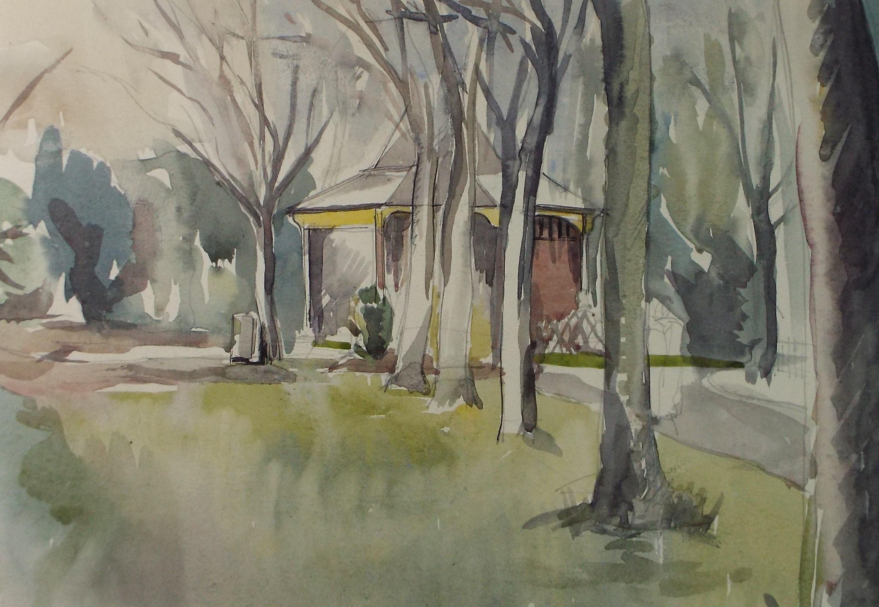 Original Watercolour, 'Bandstand in the Park', Artist Unknown, circa 1950's