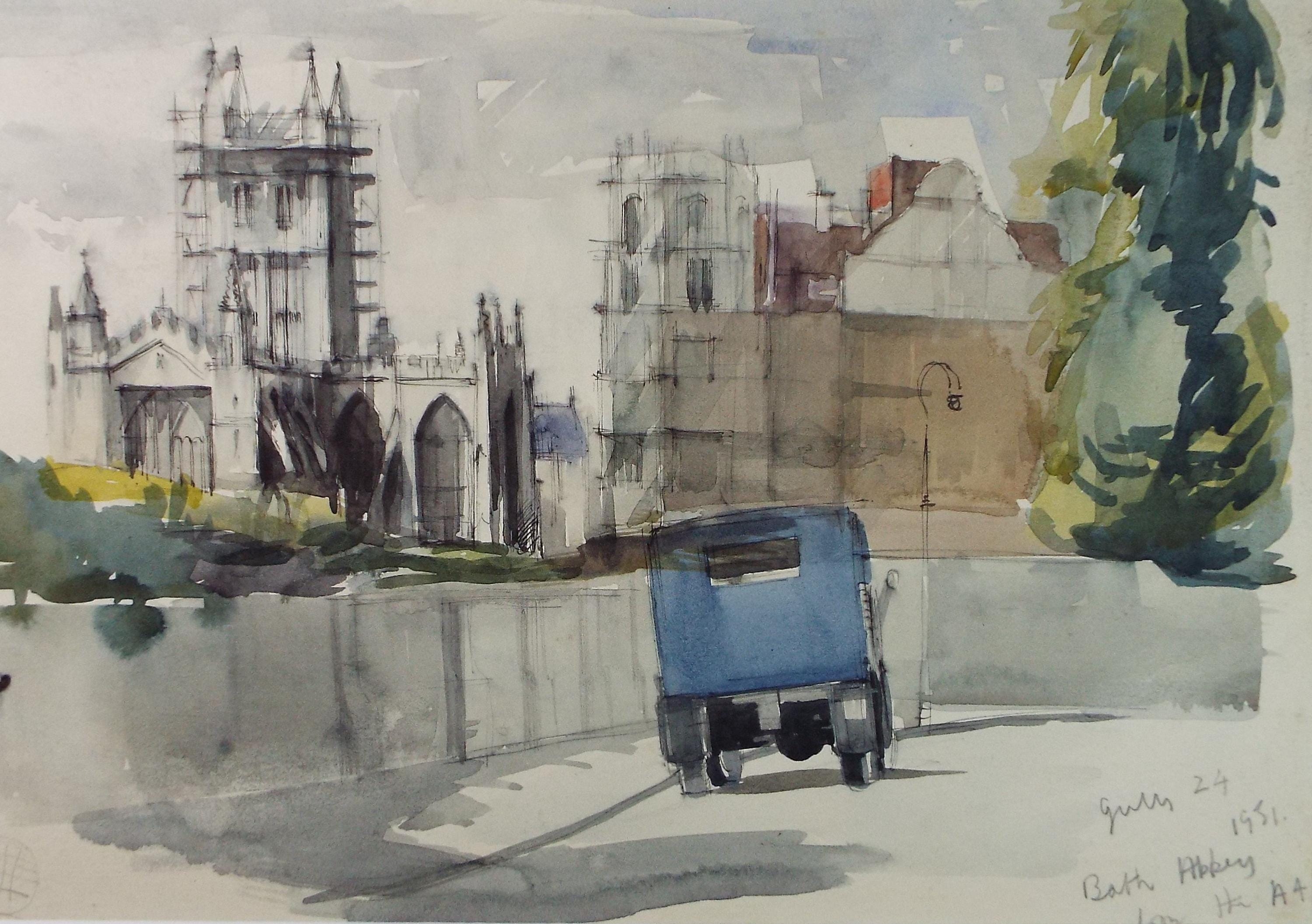 Original Watercolour,'Bath Abbey from the A4', artist Unknown, Dated 1951