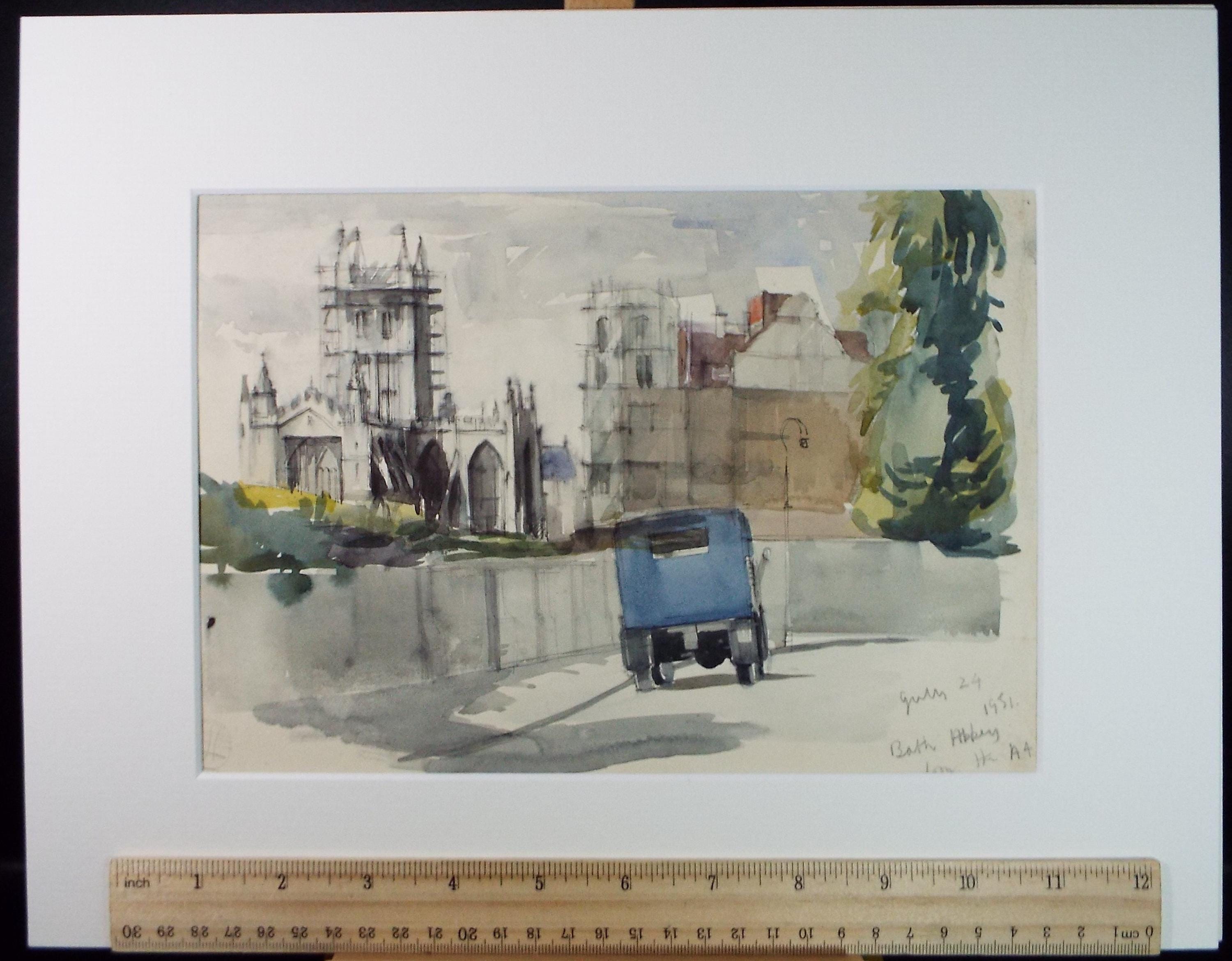 Original Watercolour,'Bath Abbey from the A4', artist Unknown, Dated 1951