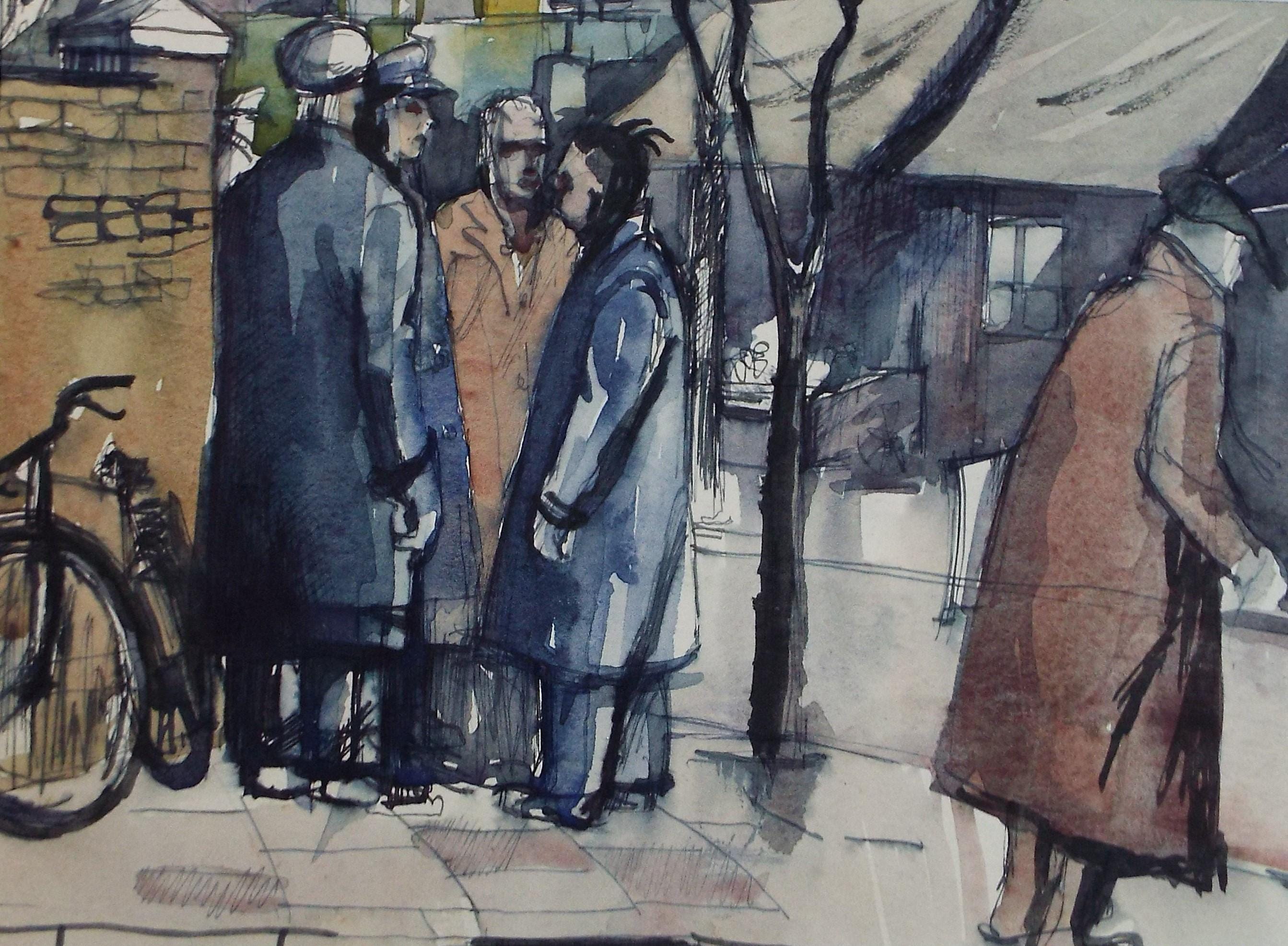 Original watercolour sketch, 'Strikers at Gillingham Bus Depot', Artist Unknown, circa 1950's