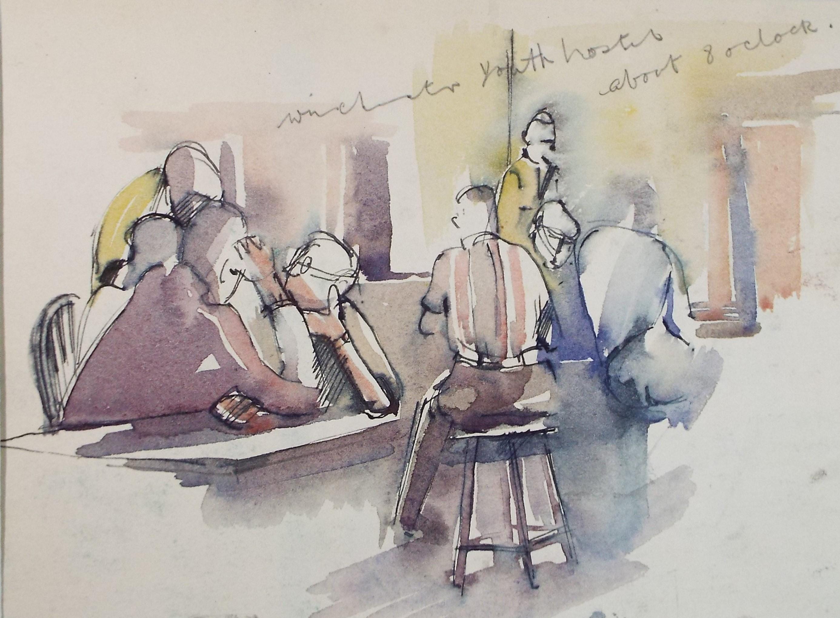 Original watercolour sketch, 'Winchester Youth Hostel - About 8 O'clock', Artist Unknown, circa 1950's