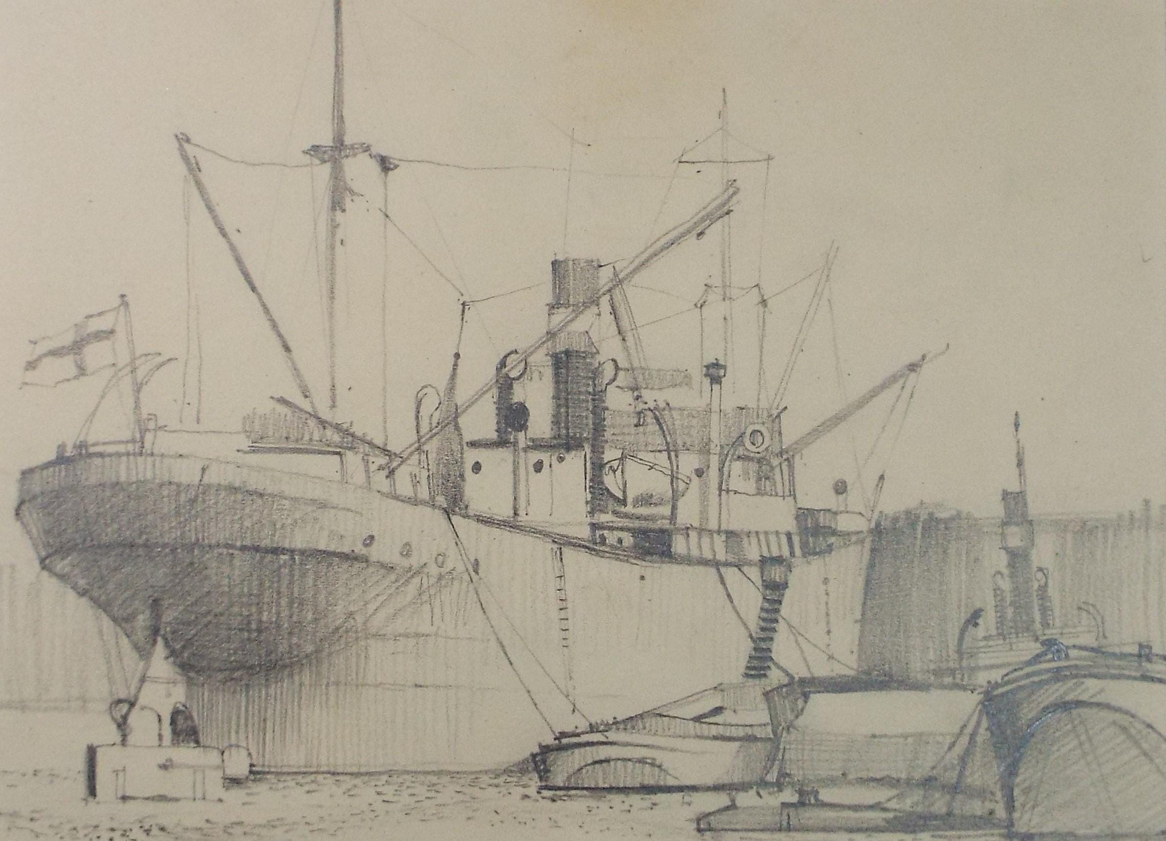 Original Pencil Drawing, 'Moored Freighter, circa 1950's , Artist Unknown