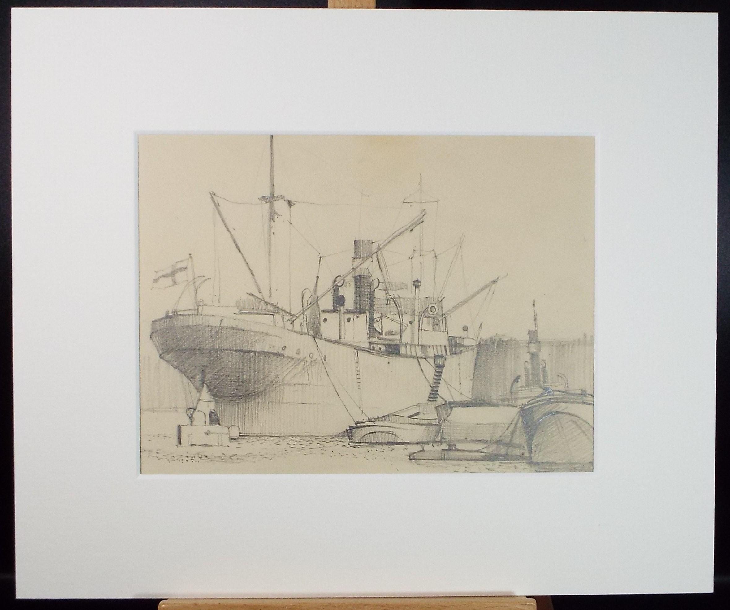 Original Pencil Drawing, 'Moored Freighter, circa 1950's , Artist Unknown