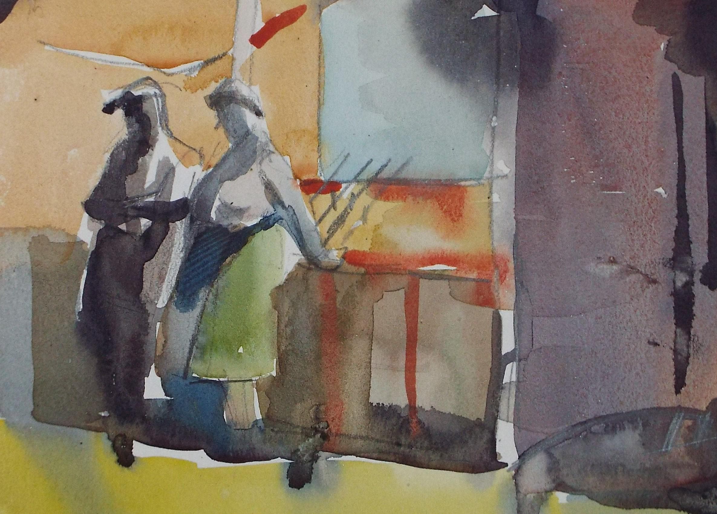 Original watercolour sketch, 'Market with Figures', Artist Unknown, circa 1950's