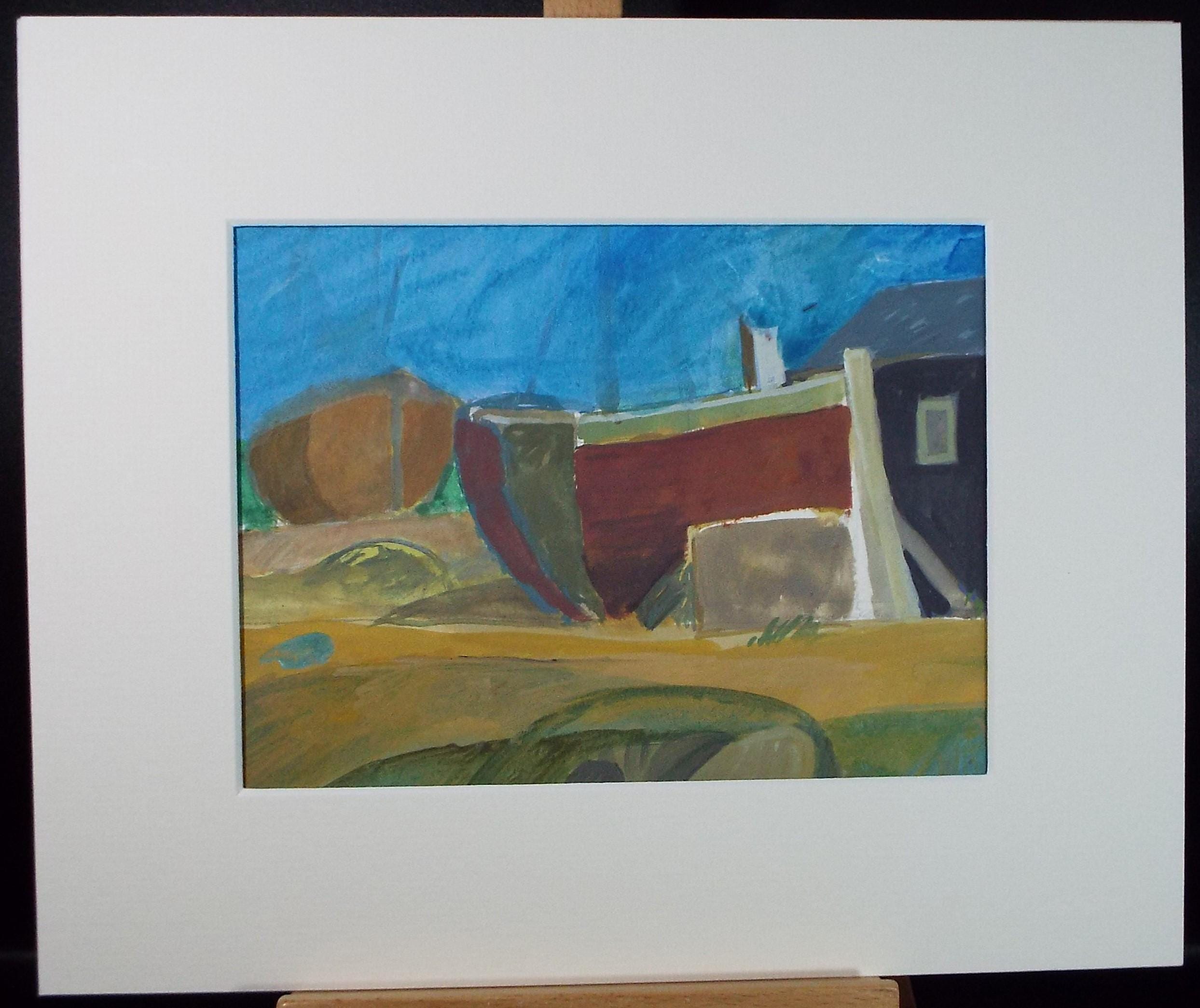 Original Watercolour Gouache , 'Figures and Boat on the shore', Colin Fifield (1940-2022), circa 1980's