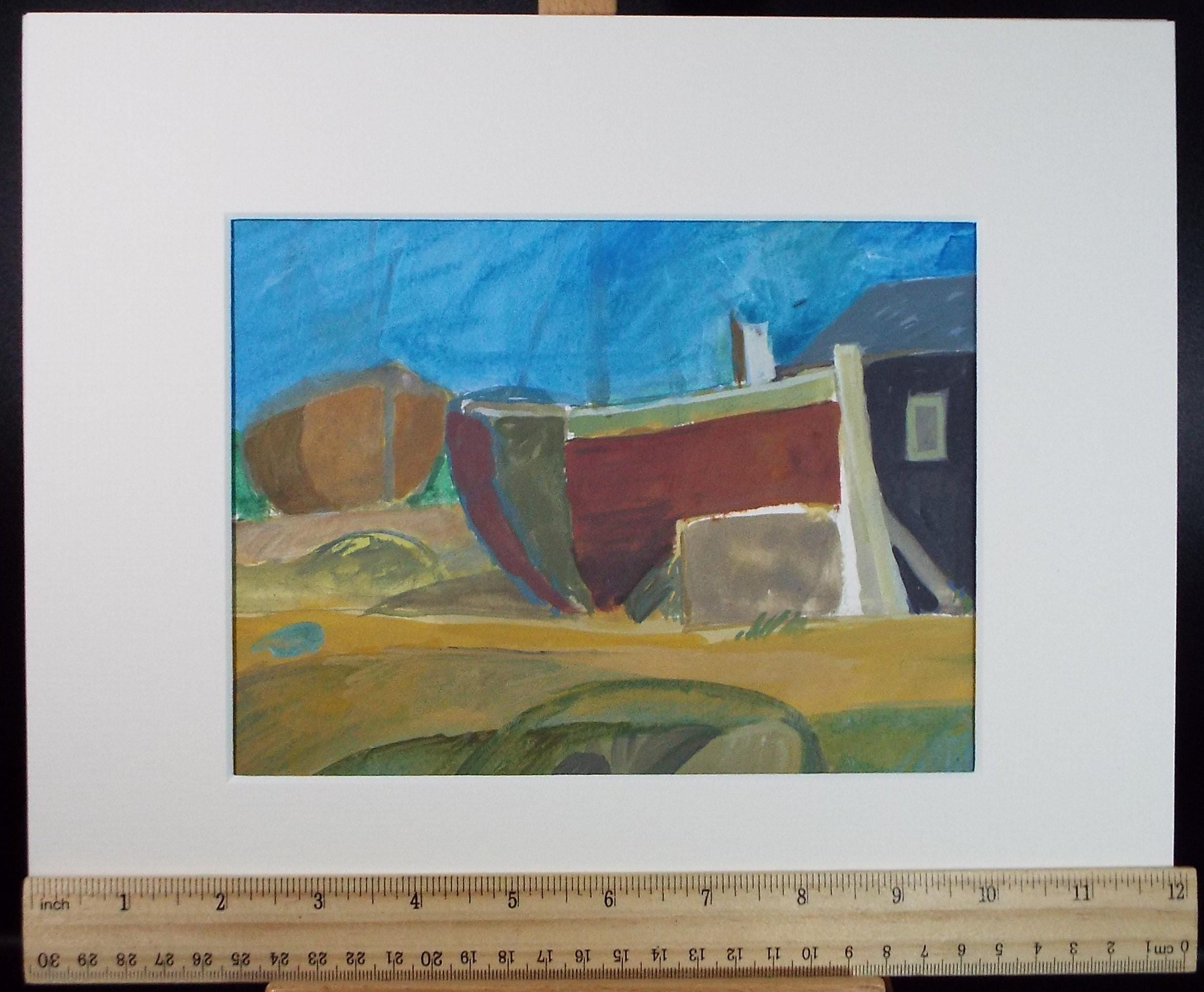 Original Watercolour Gouache , 'Figures and Boat on the shore', Colin Fifield (1940-2022), circa 1980's