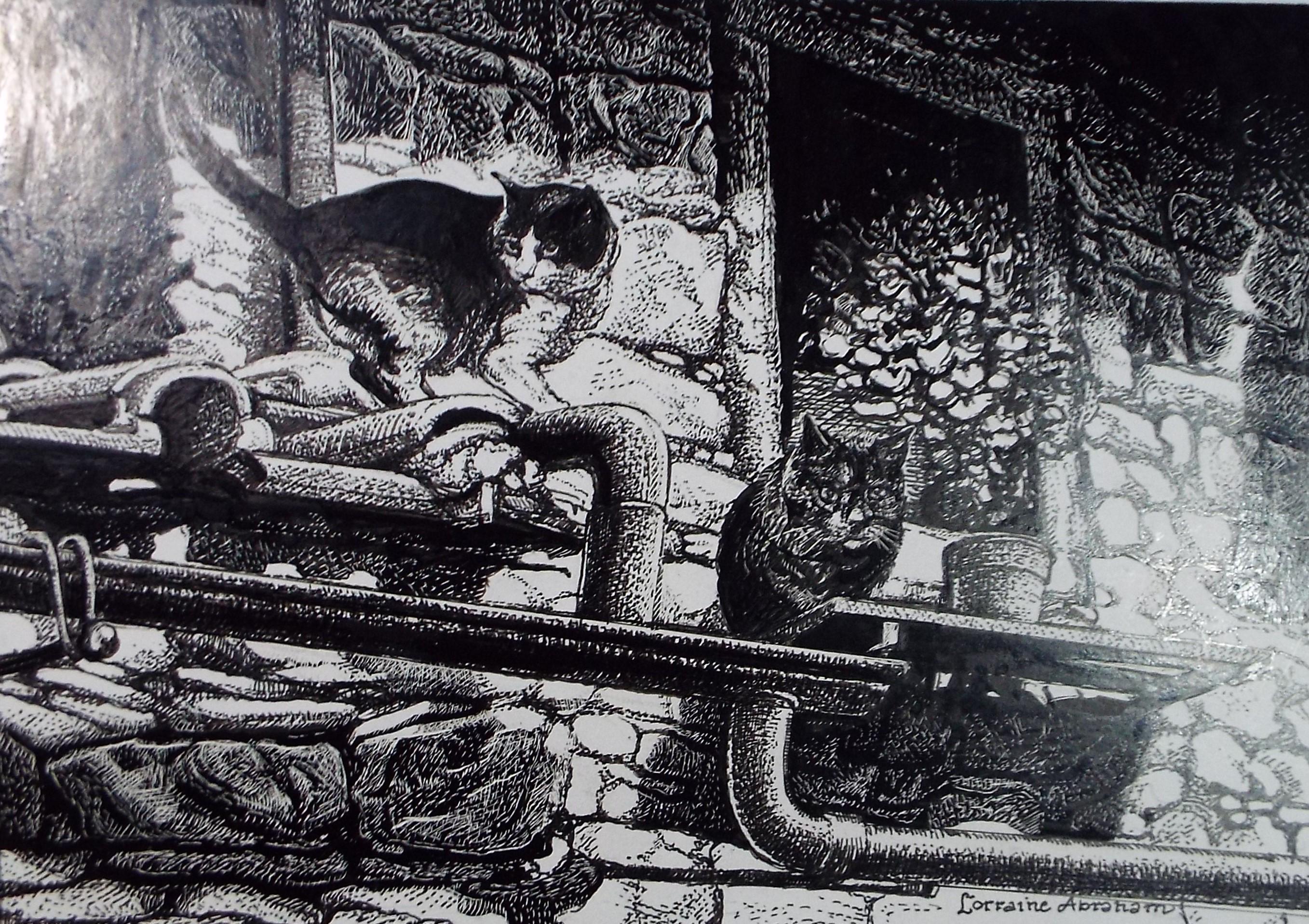 Original Scraperboard & Ink drawing, 'Cats in the Gutters', Lorraine Abraham RSMA (1941-2023), Circa 1990's