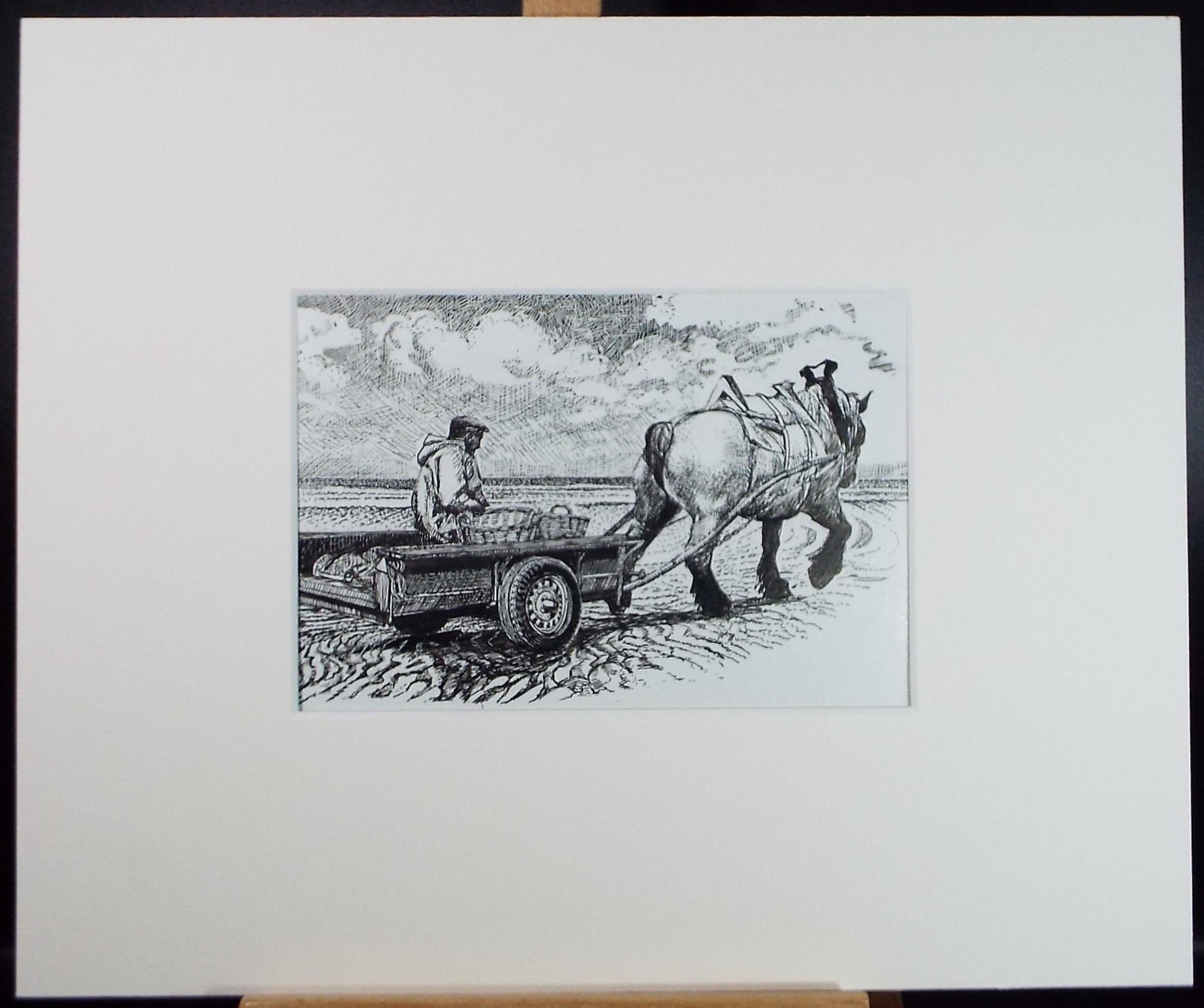 Original Scraperboard & ink drawing, 'Cockle Pickers', Lorraine Abraham RSMA (1941-2023), Circa 1990's