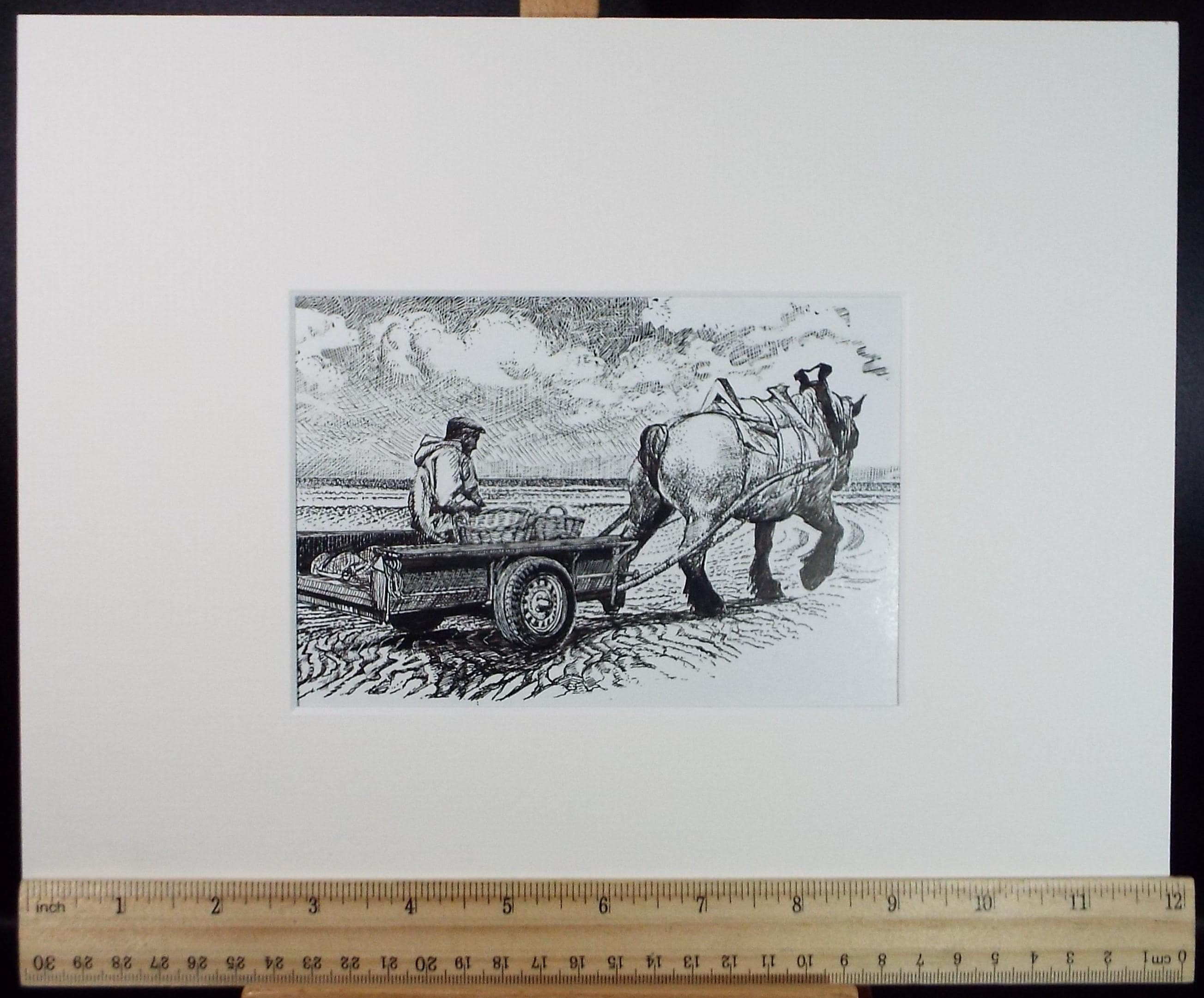 Original Scraperboard & ink drawing, 'Cockle Pickers', Lorraine Abraham RSMA (1941-2023), Circa 1990's