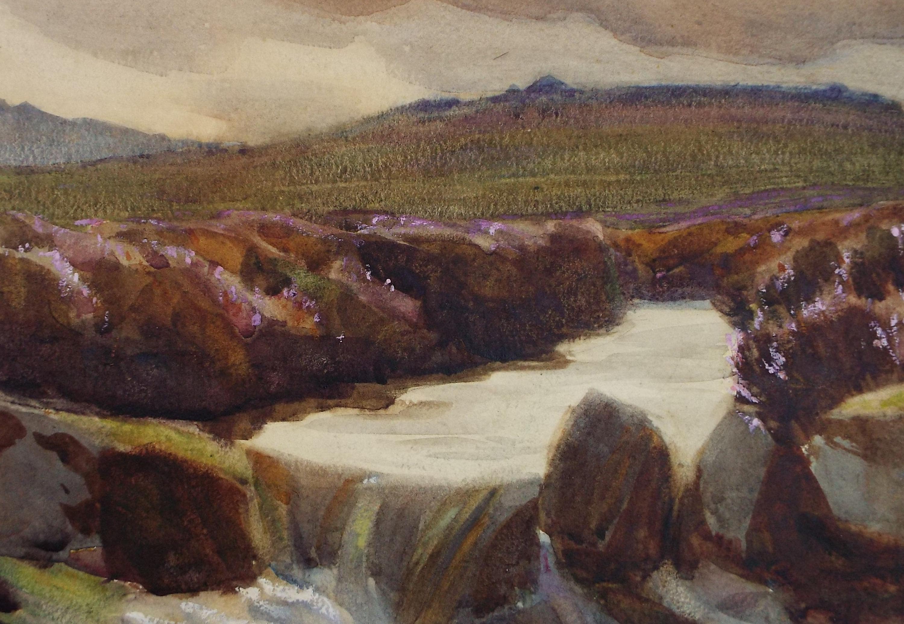 Original Watercolour, 'Stream through Heather Moorland', Circa 1920's,Artist Unknown