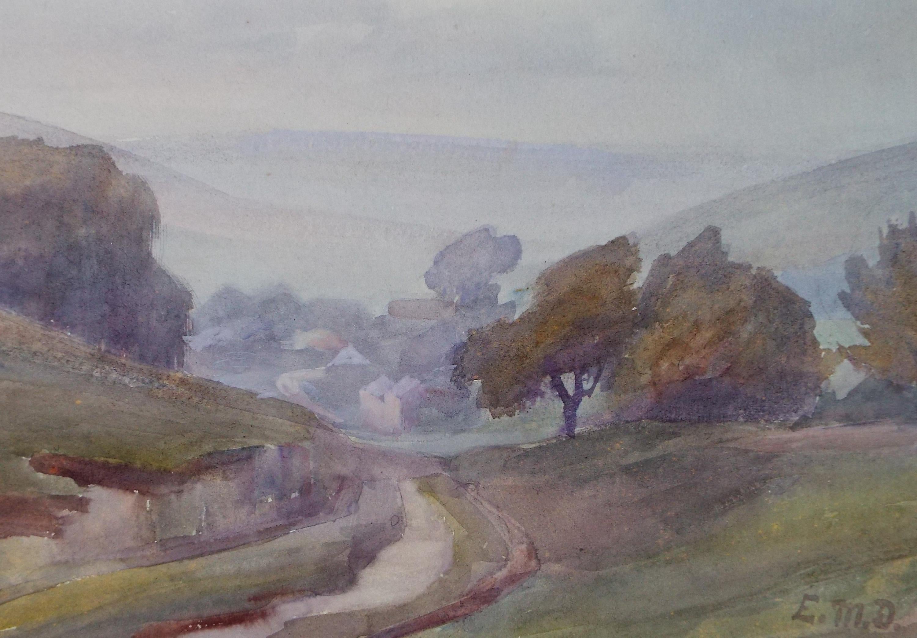 Original Watercolour, 'Village in a Valley', Artist Unknown (initials EMD), circa 1920's