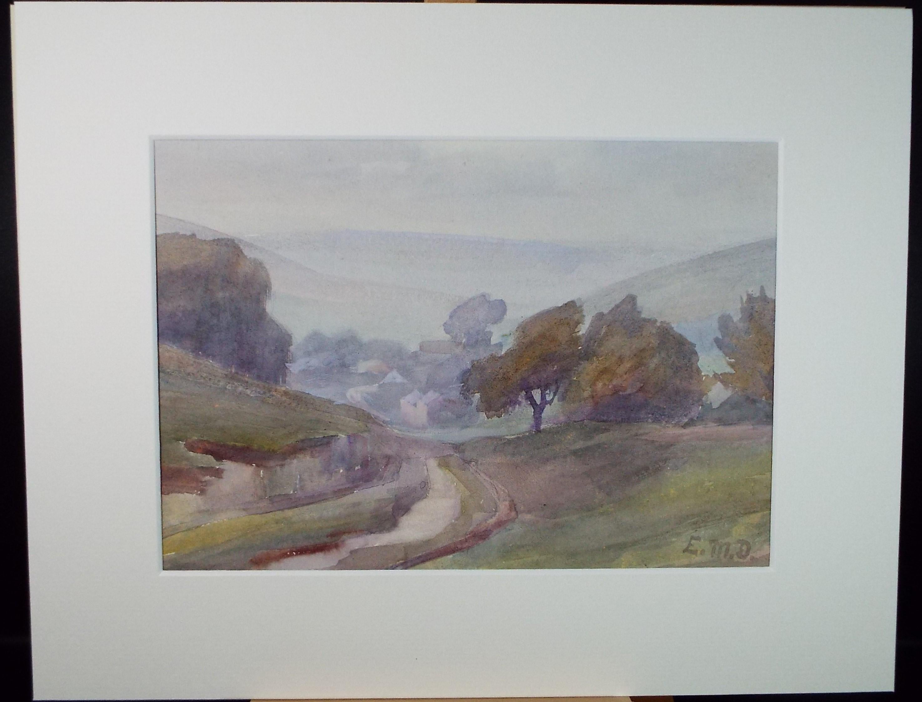 Original Watercolour, 'Village in a Valley', Artist Unknown (initials EMD), circa 1920's