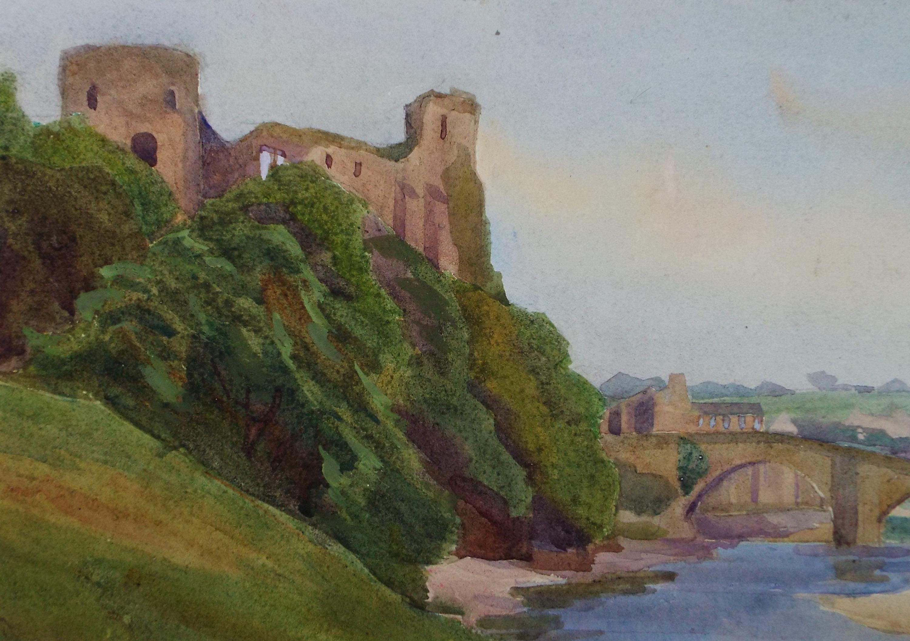 Original Watercolour, 'Ruin above the River', Circa 1950's, Artist Unknown