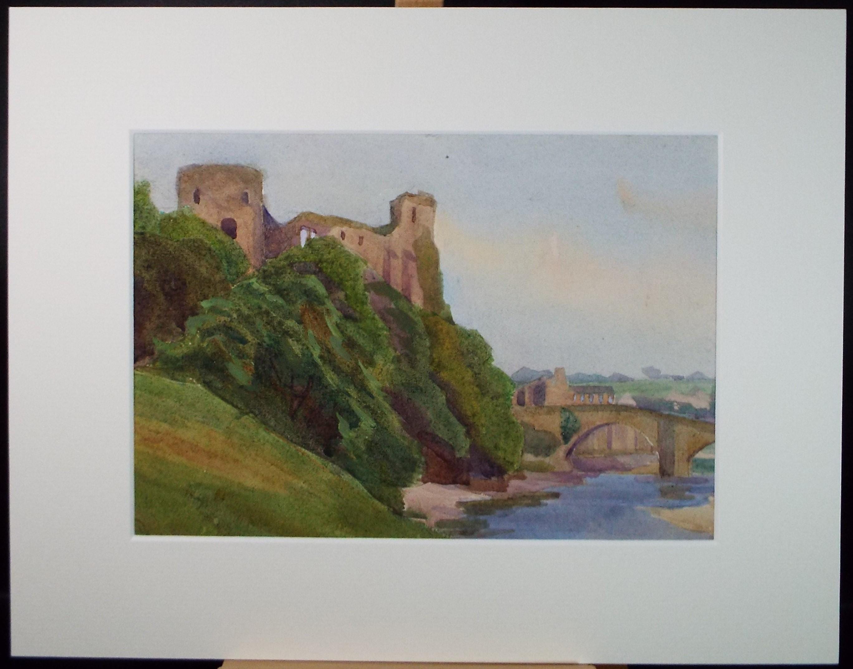 Original Watercolour, 'Ruin above the River', Circa 1950's, Artist Unknown