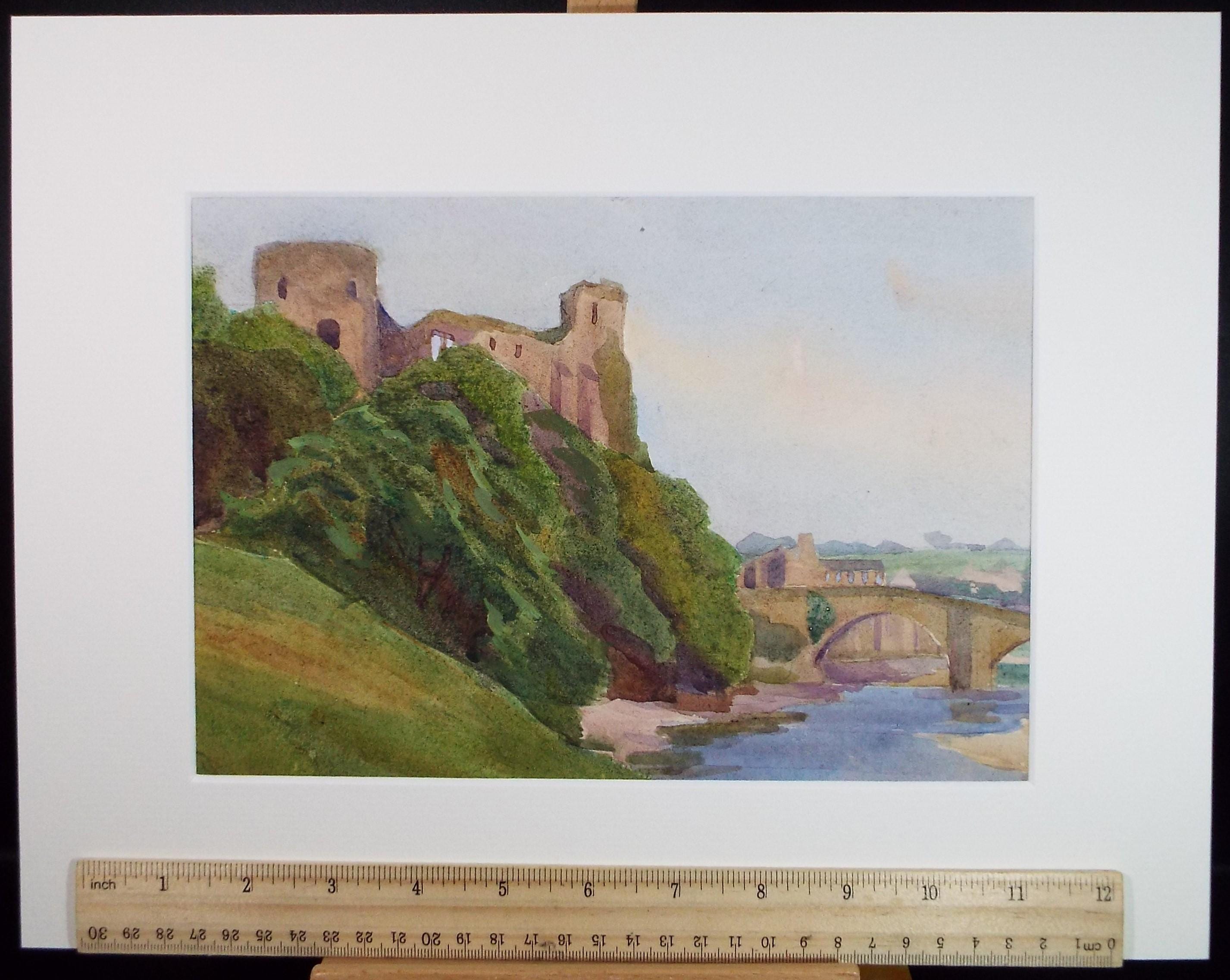 Original Watercolour, 'Ruin above the River', Circa 1950's, Artist Unknown