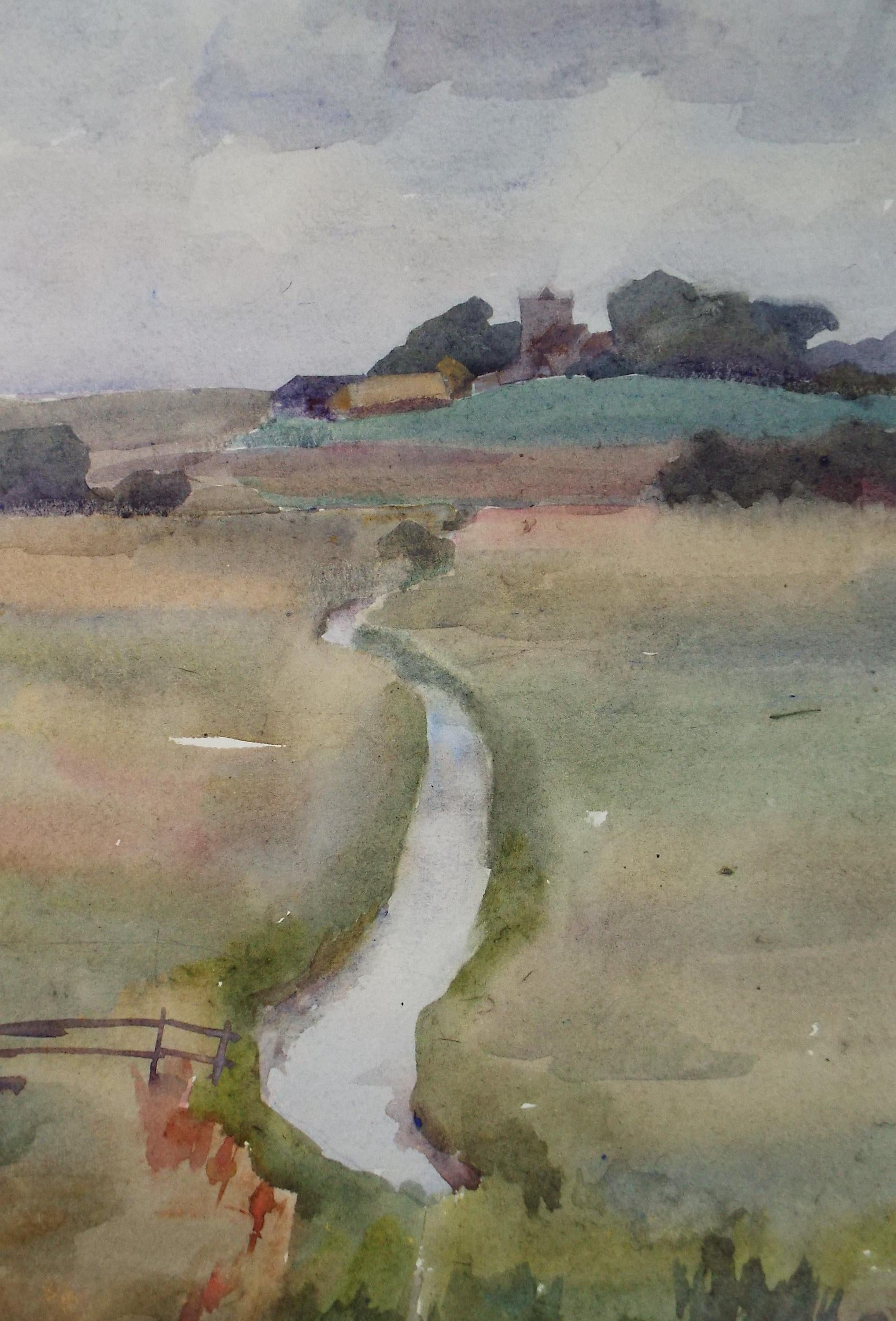 Original Watercolour, 'Stream through Fields', Artist Unknown, circa 1950's