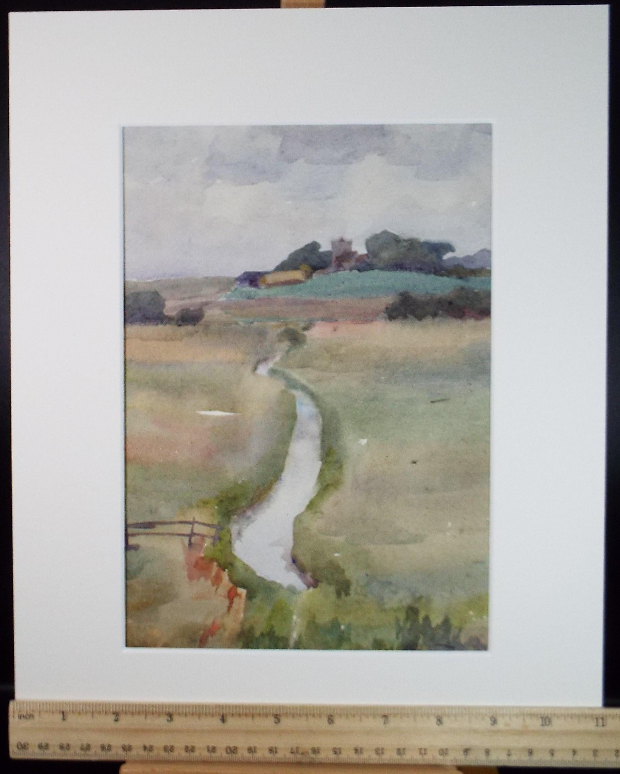 Original Watercolour, 'Stream through Fields', Artist Unknown, circa 1950's