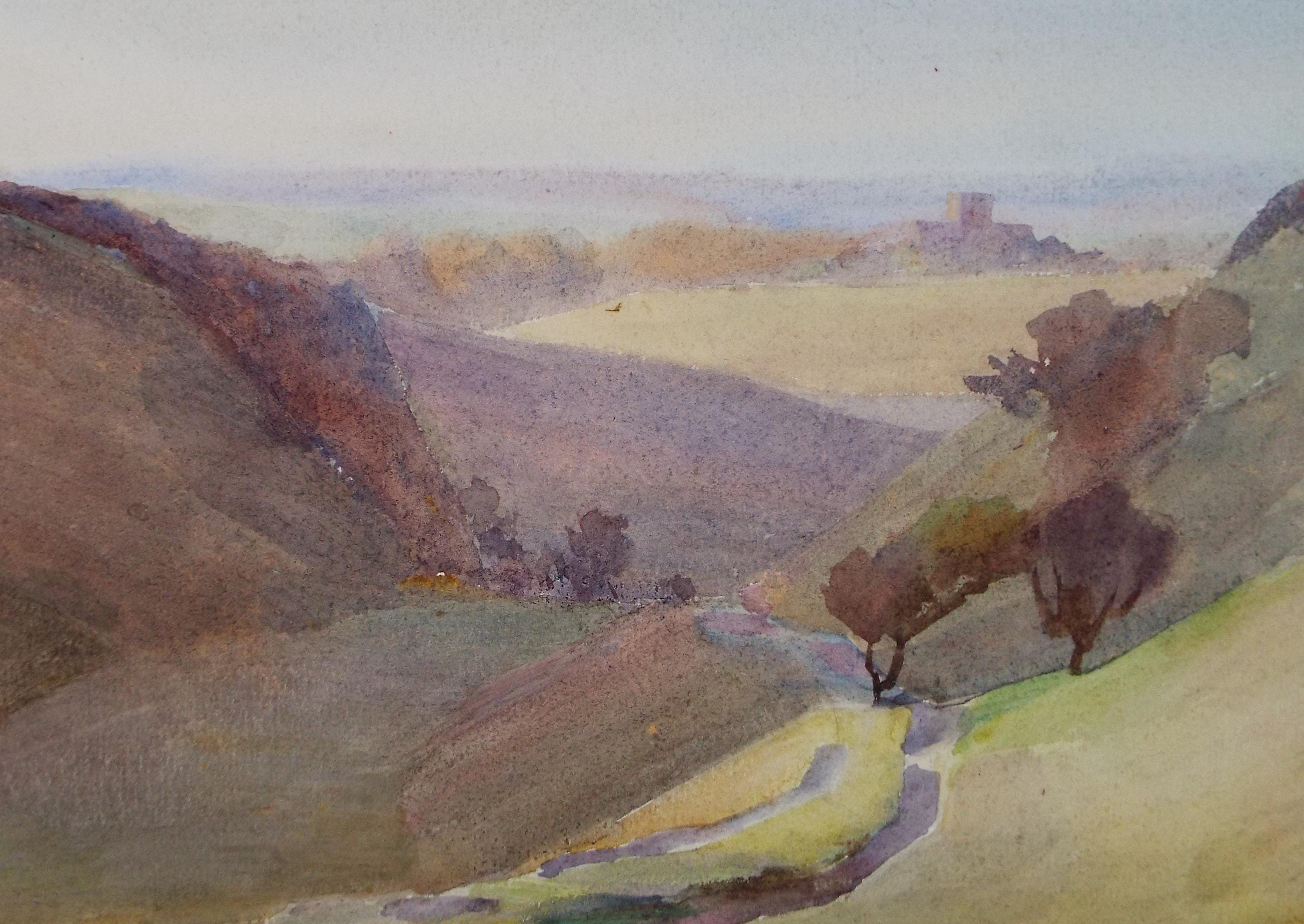 Original Watercolour, 'Landscape with distant Church', Artist Unknown, circa 1950's